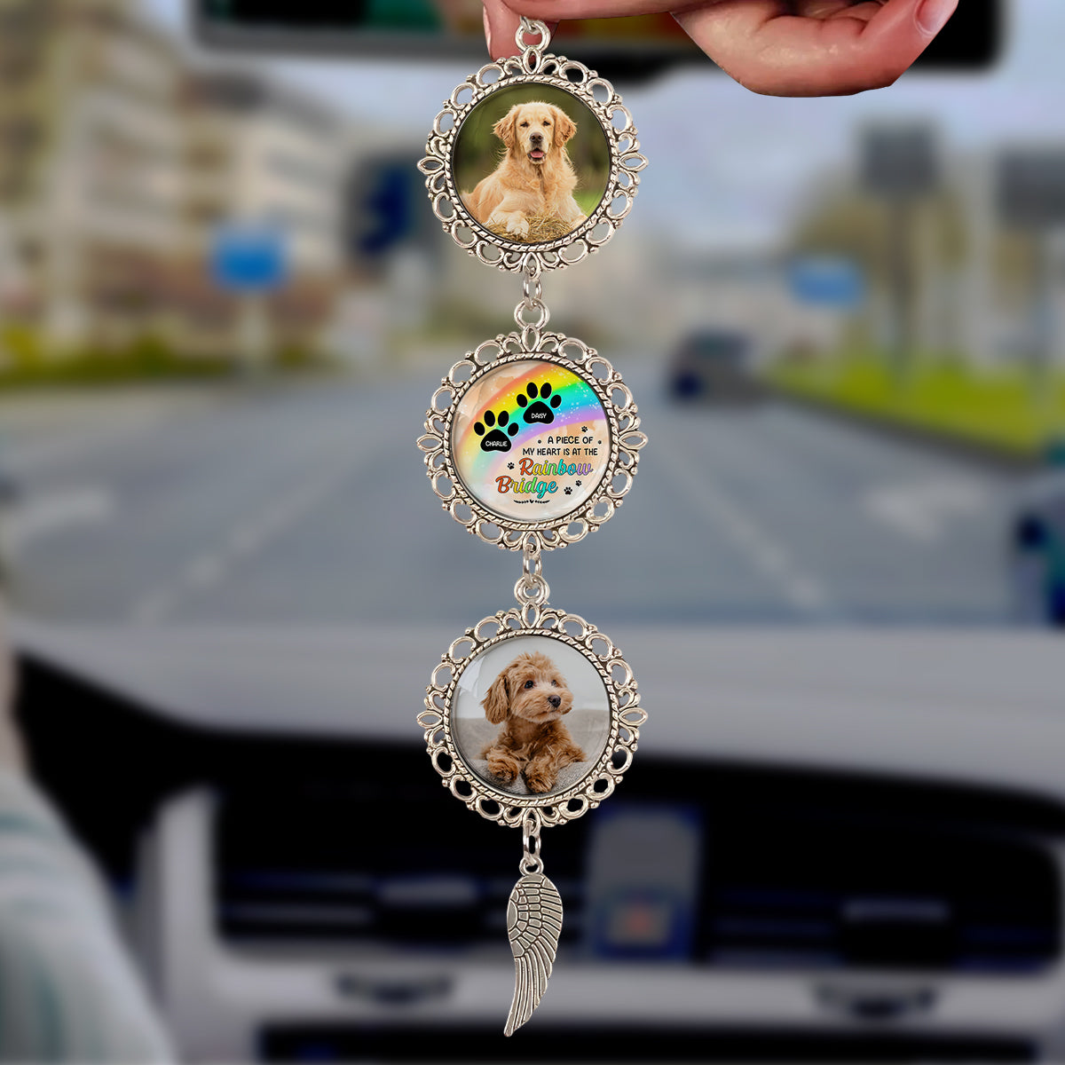 My Favorite Hello Rainbow - Personalized Photo Car Ornament With Charm