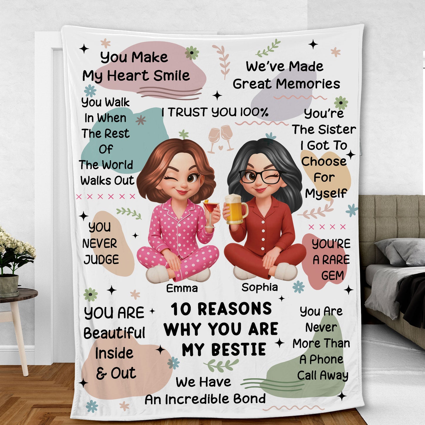 Personalized "10 Reasons Why You're My Bestie" custom blanket showing a cozy, thoughtful gift.