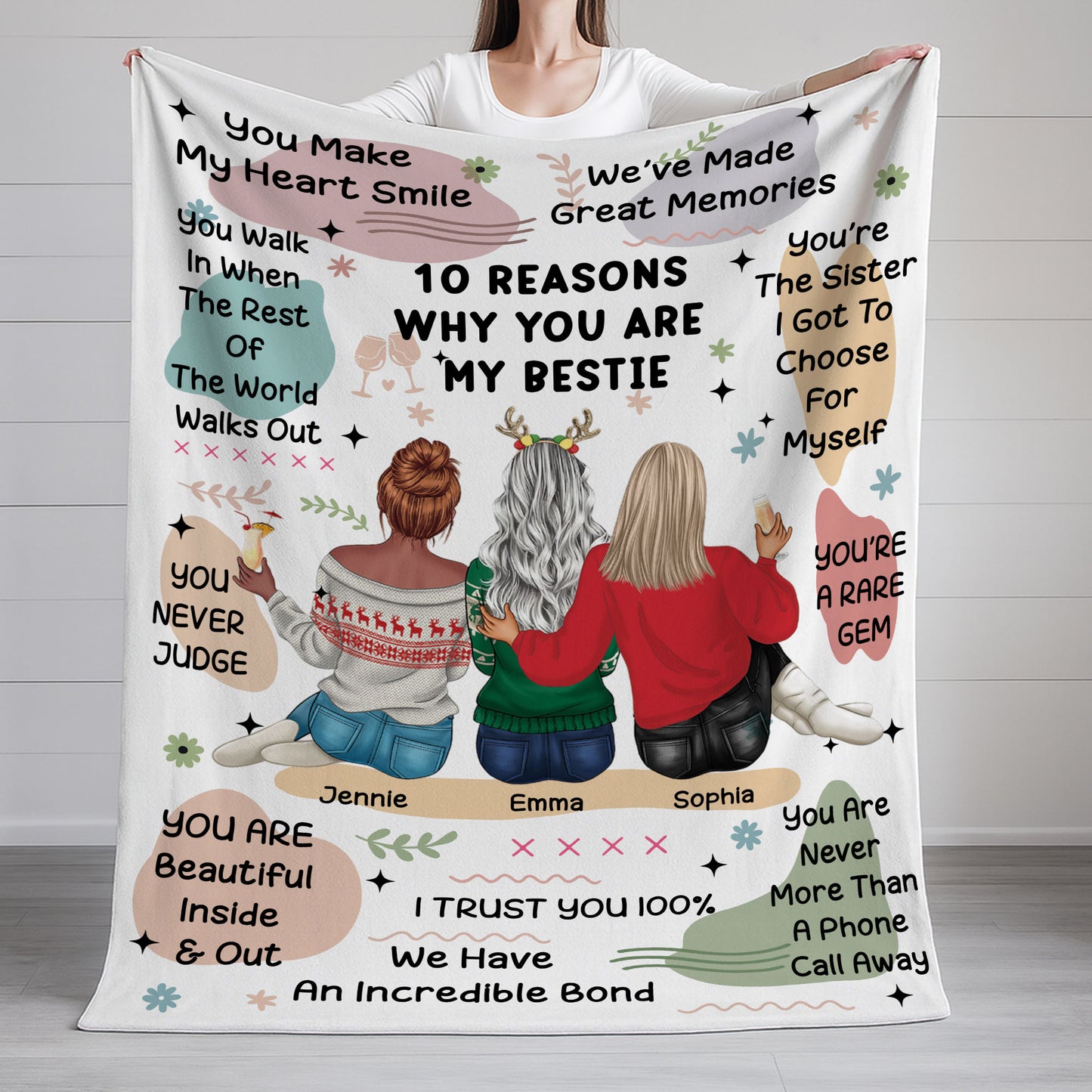Personalized "10 Reasons Why You're My Bestie" custom blanket, version 2. A unique gift for a best friend.