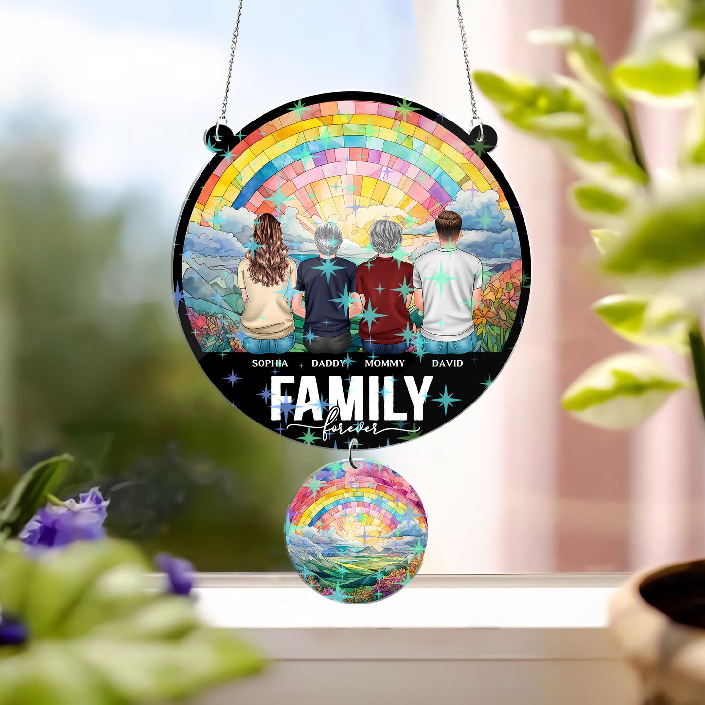 Our Family - Personalized Custom Shape Hologram Window Decor With Hanging Piece