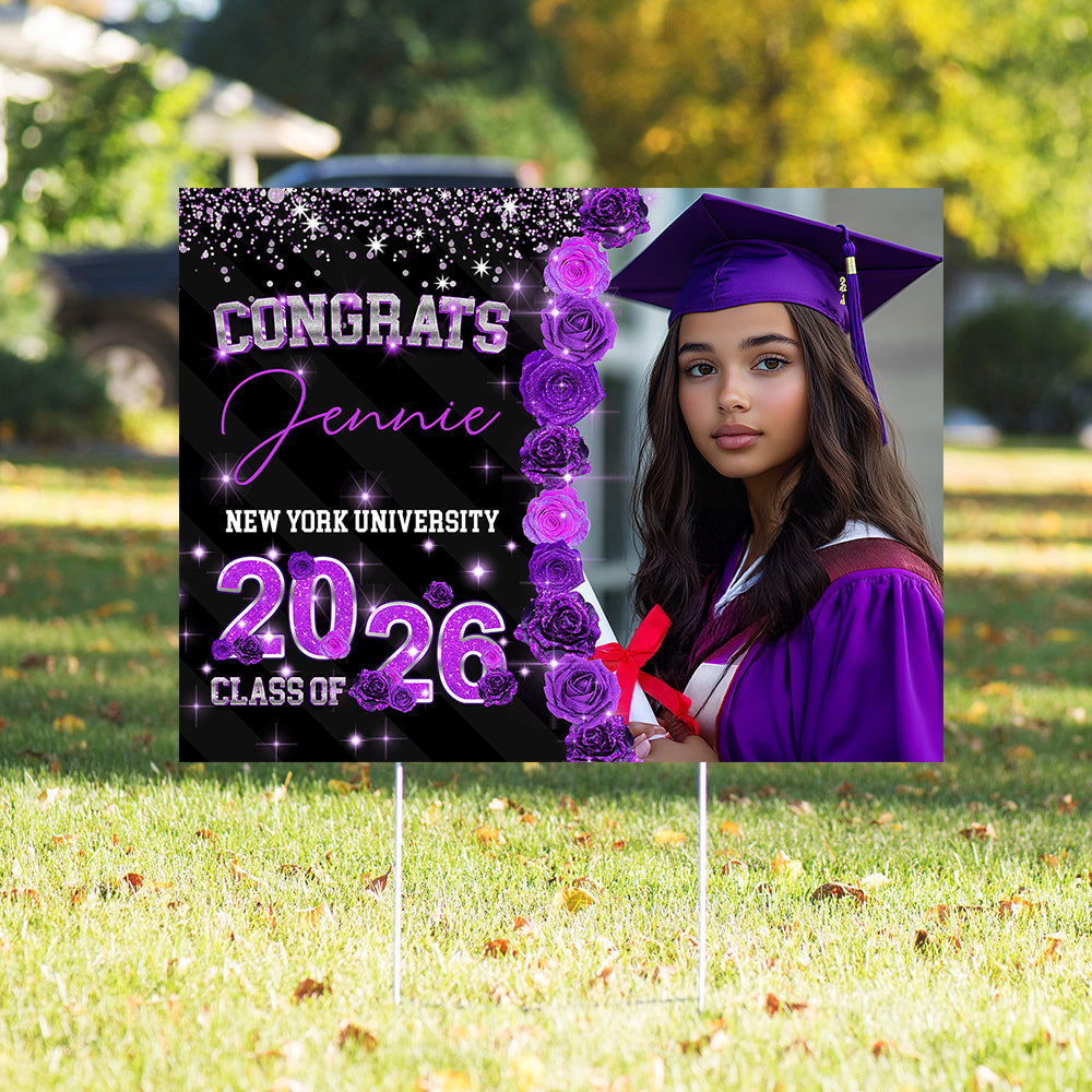 Class Of 2026 Roses Glitter Lawn Sign, Graduation Gift - Personalized Graduation Yarn Sign With Stake