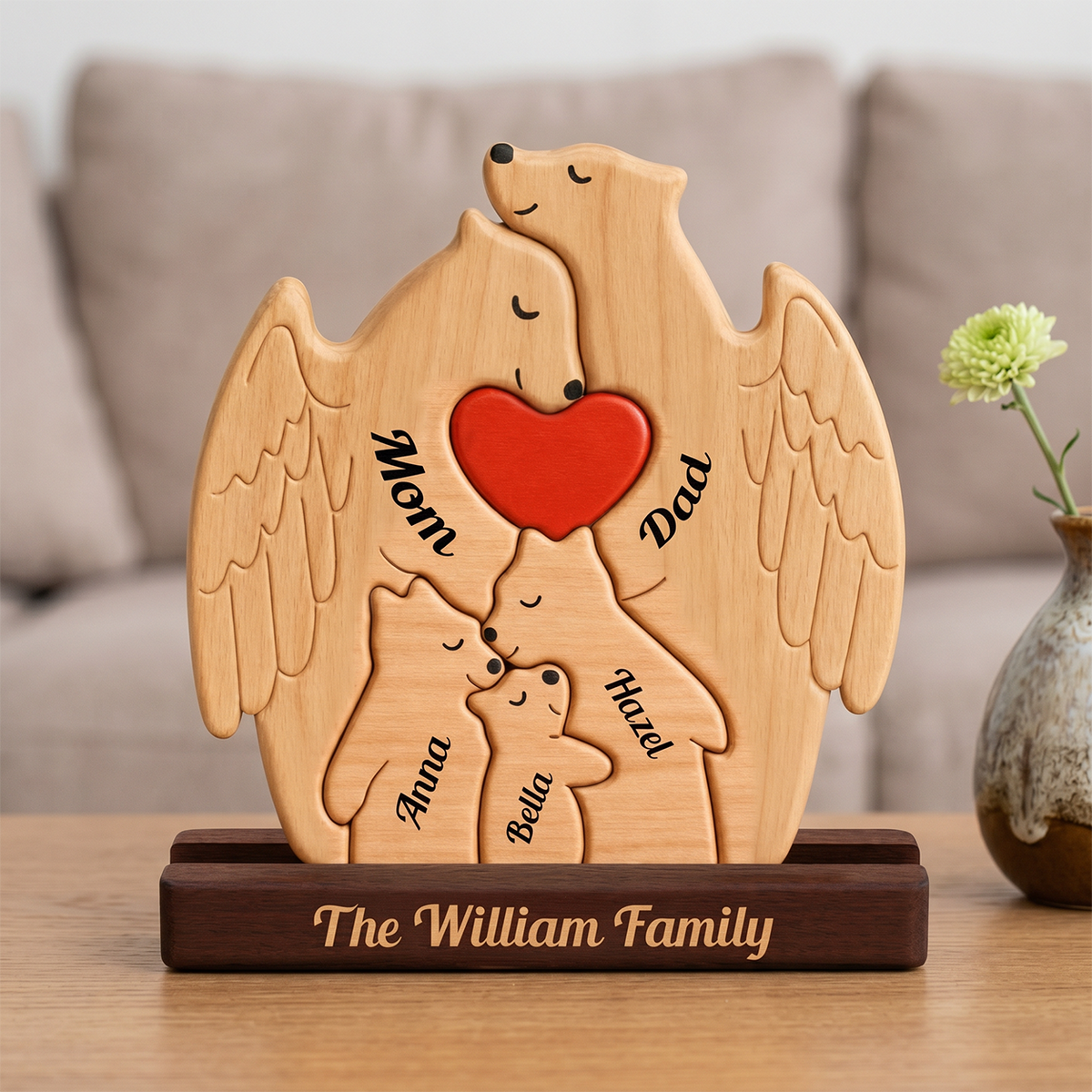 Personalized Christmas Bear Family Puzzle - Memorial Gift - Custom Wooden Name Puzzle