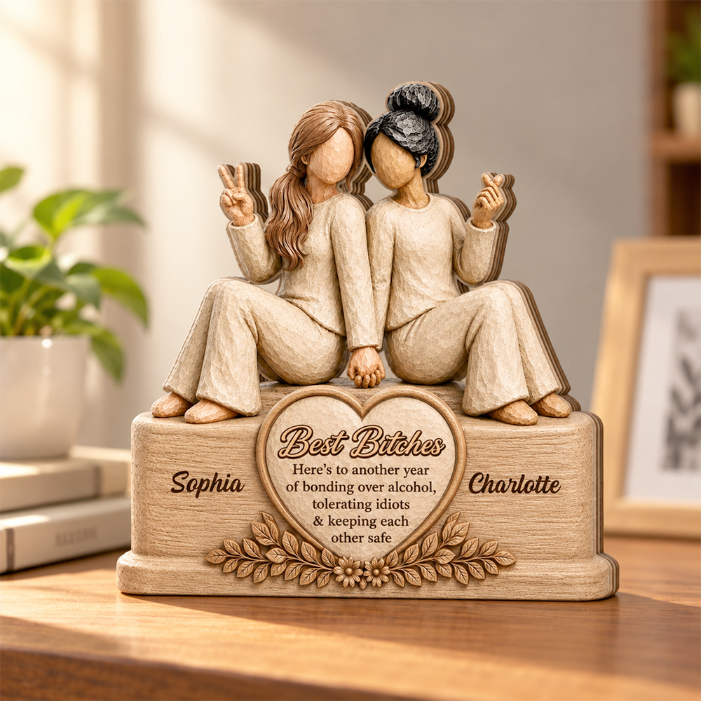 Personalized Wooden Sign Forever Connected Besties Figure Block Gift