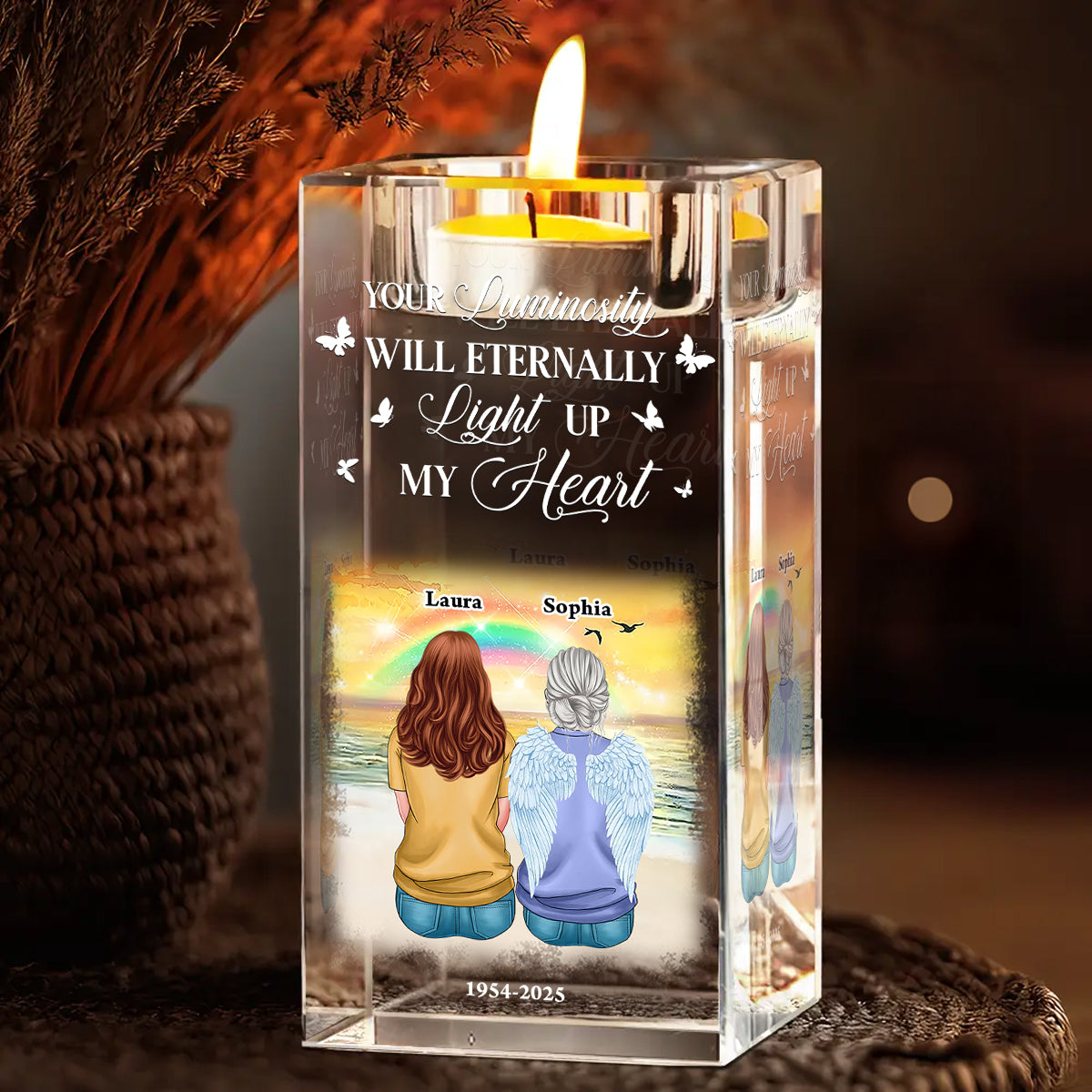 Custom Photo Blessing Family Memorial - Personalized Crystal Candle Holder