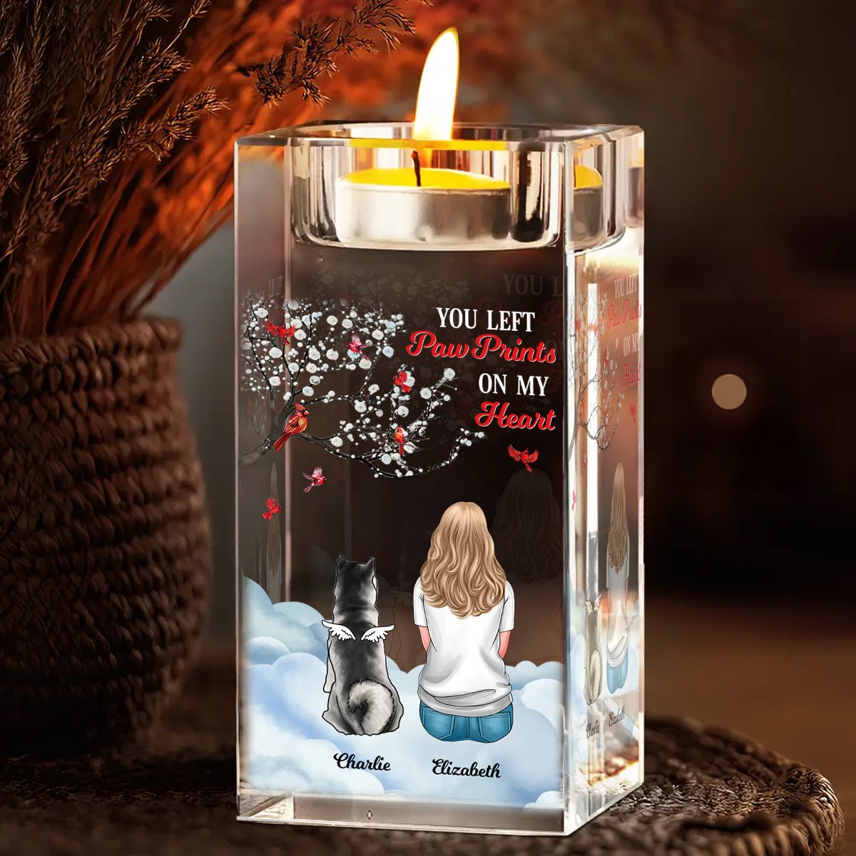 You Left Pawprints On My Heart - Personalized Crystal Candle Holder