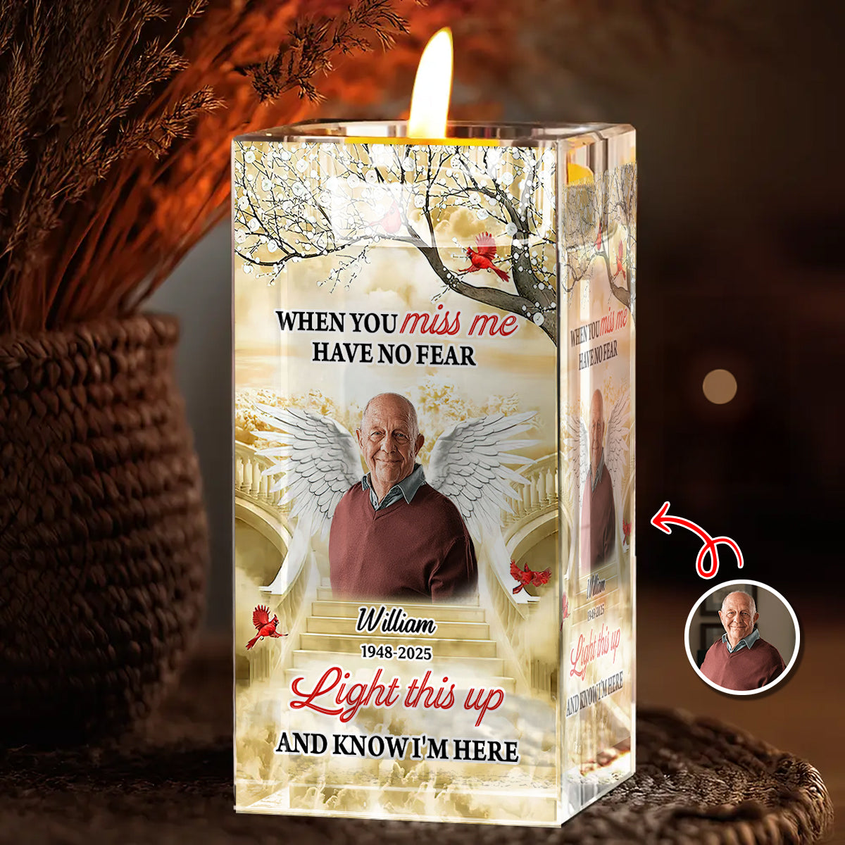 Memorial Upload Photo Wings Heaven - Personalized Crystal Candle Holder