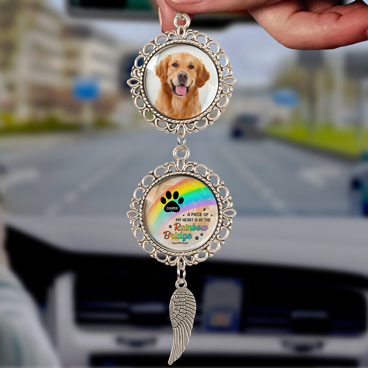 My Favorite Hello Rainbow - Personalized Photo Car Ornament With Charm
