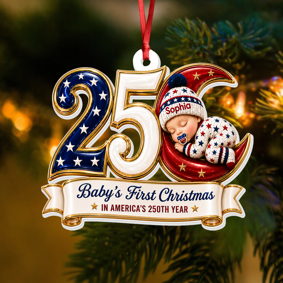 America Patriotic Keepsake Moon - Real 3D Relief Ornament