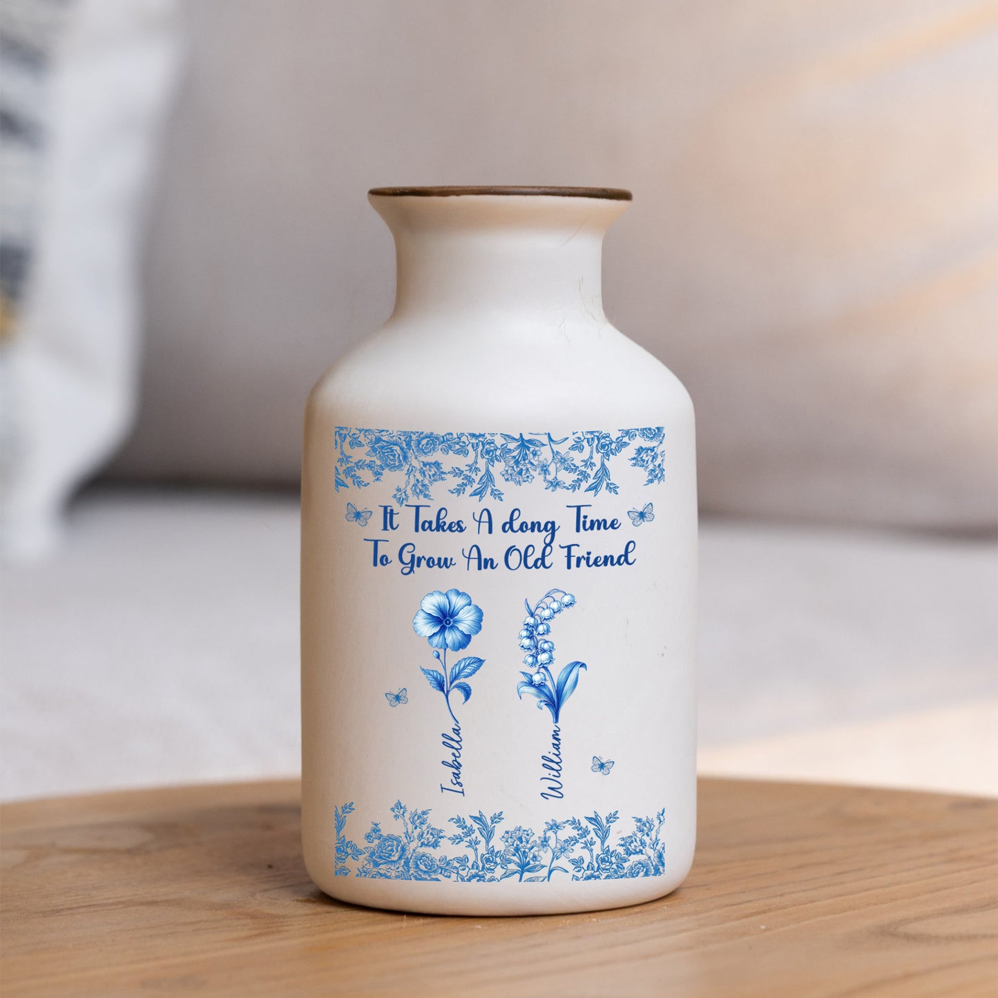 Bestie Flowers Toile De Jouy Style - Elegant White Ceramic Flower Vase Minimalist