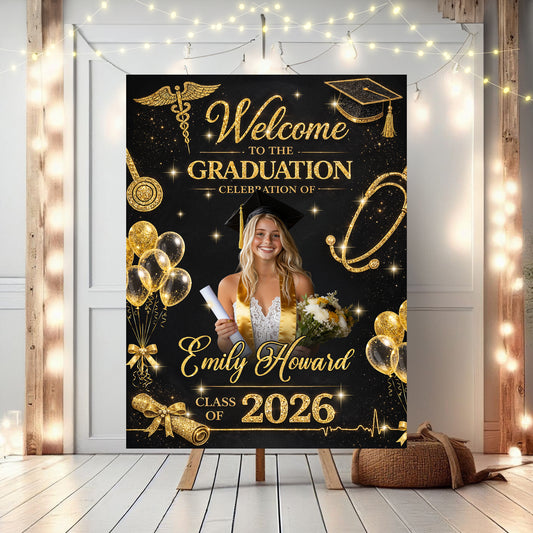 Glitter Nurse RN Personalized Graduation Welcome Sign - Custom Photo Welcome Sign - Graduation Gifts
