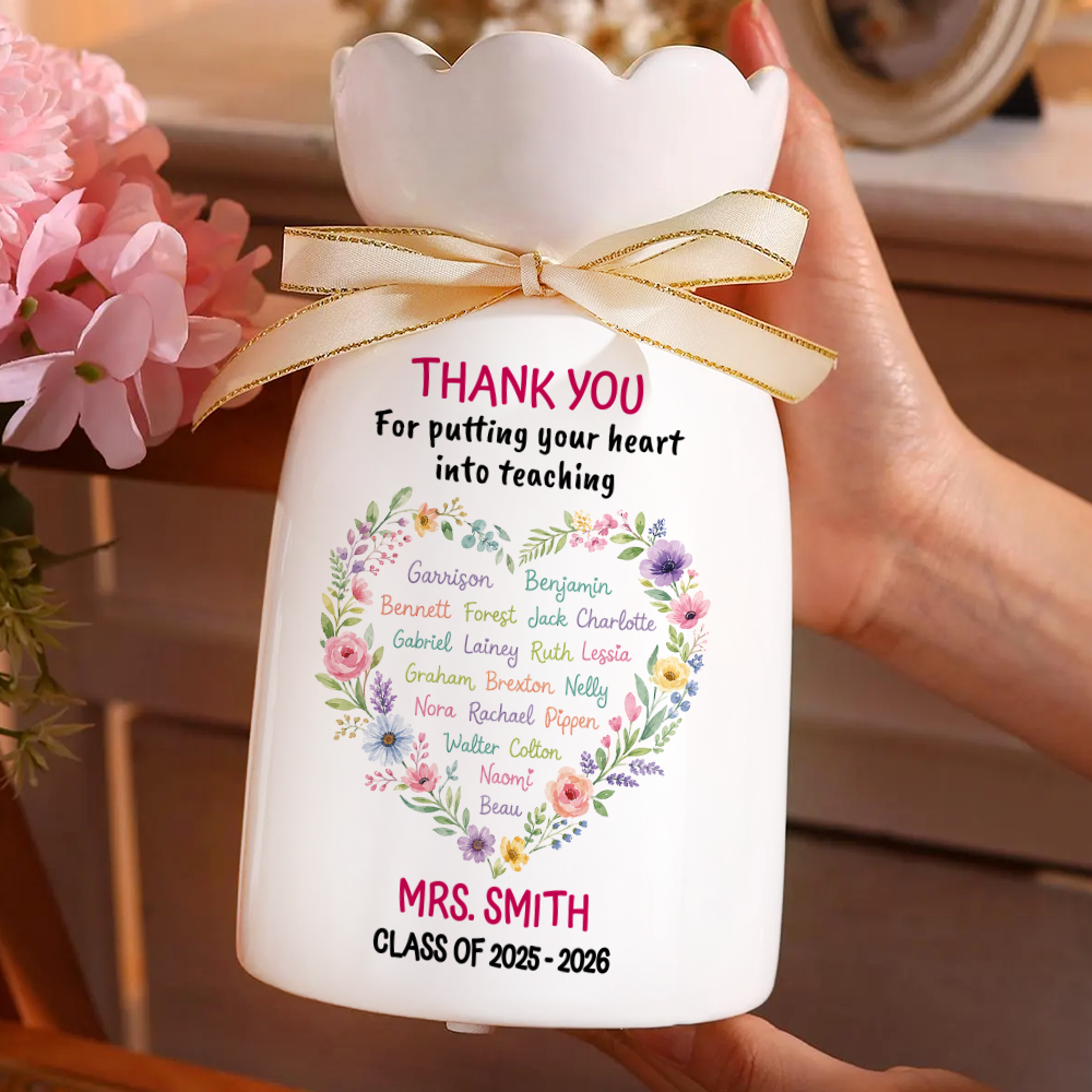 Personalized Teacher Gift from Class Watercolor Heart - Personalized Custom Ribbon Tie Flower Vase