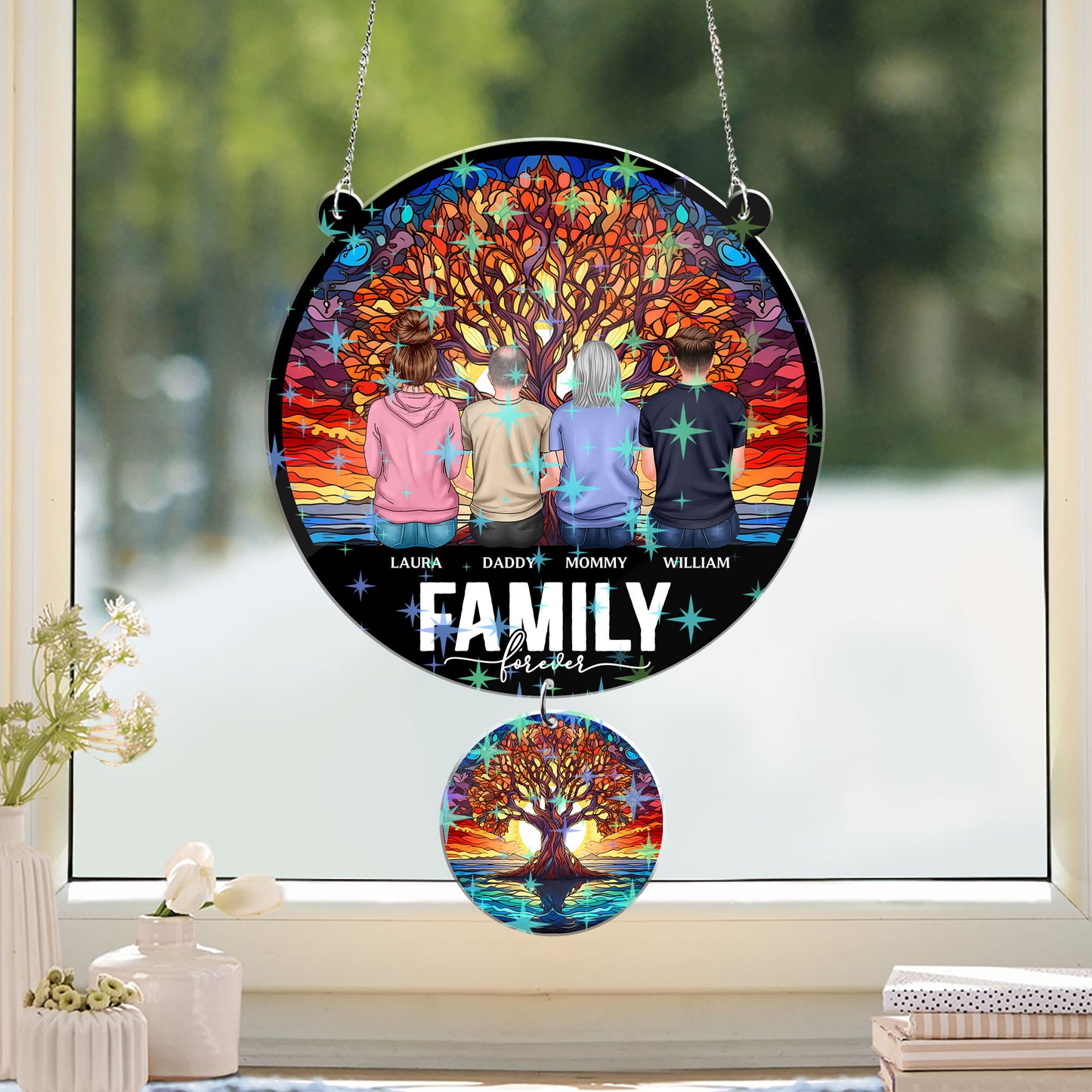 Our Family - Personalized Custom Shape Hologram Window Decor With Hanging Piece