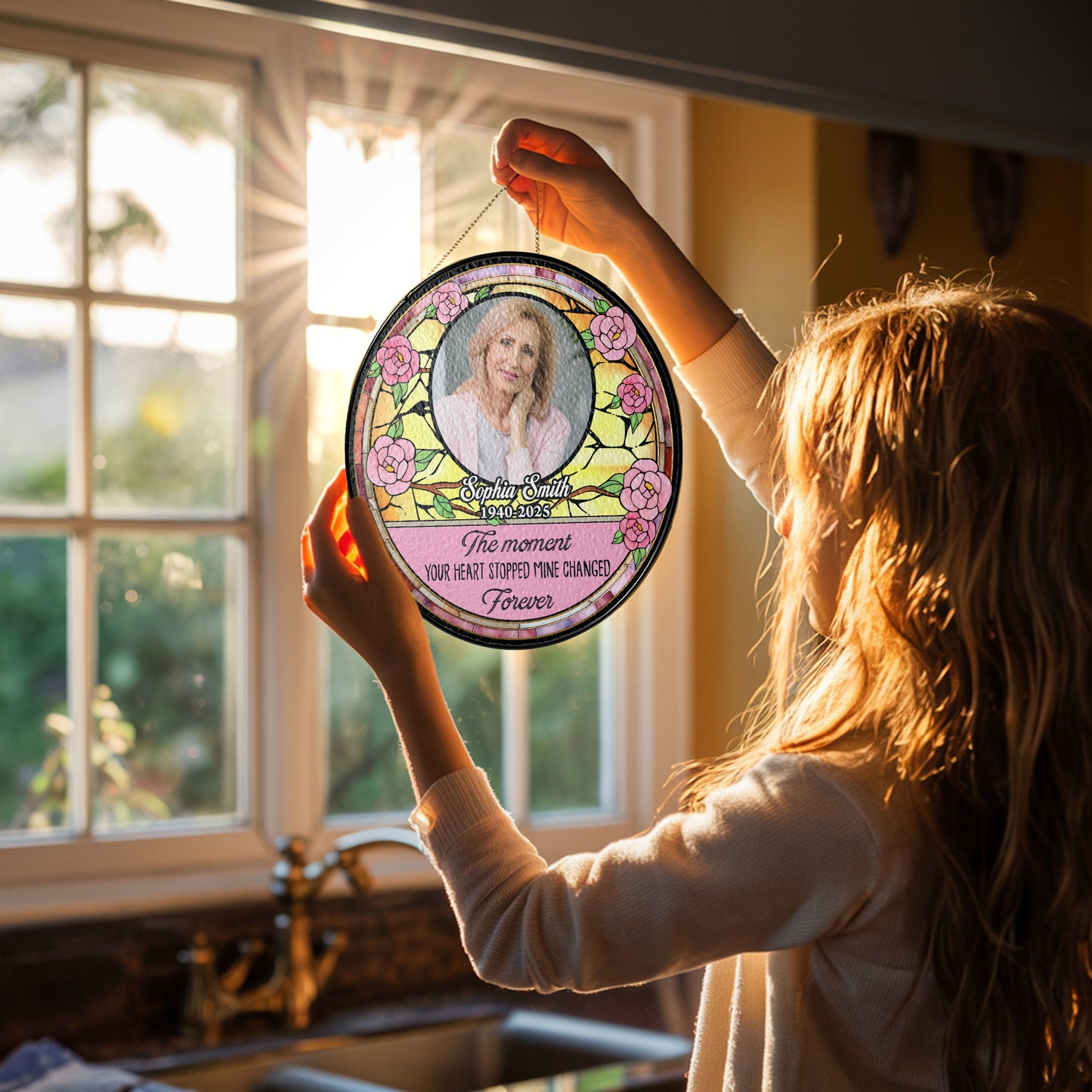 Memorial The Moment Your Heart Stopped - Personalized Photo Stained Glass Window Hanging Suncatcher