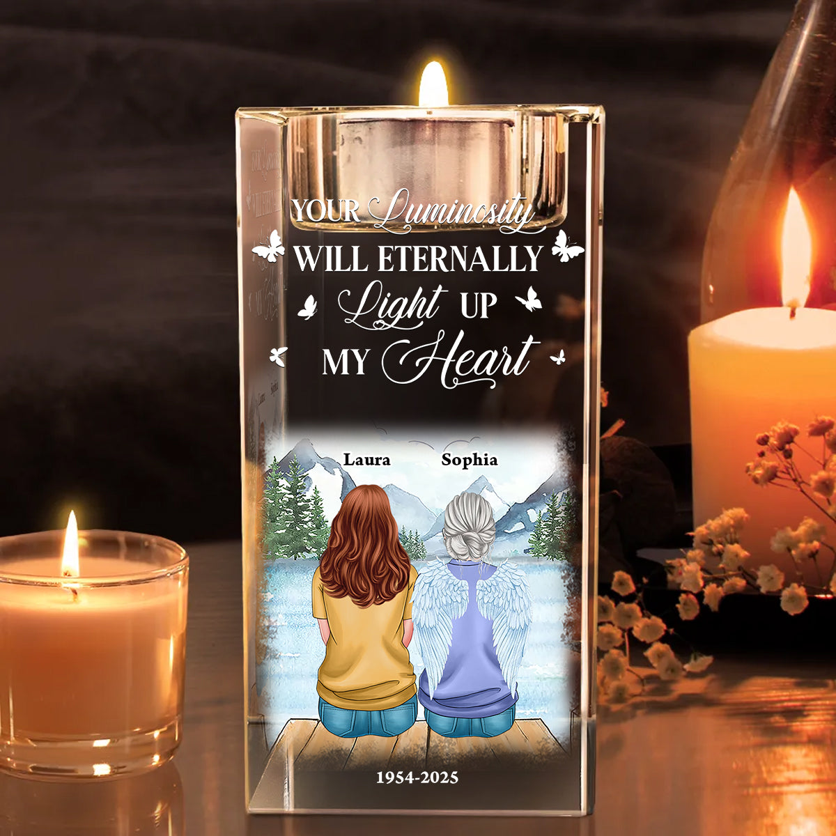 Custom Photo Blessing Family Memorial - Personalized Crystal Candle Holder