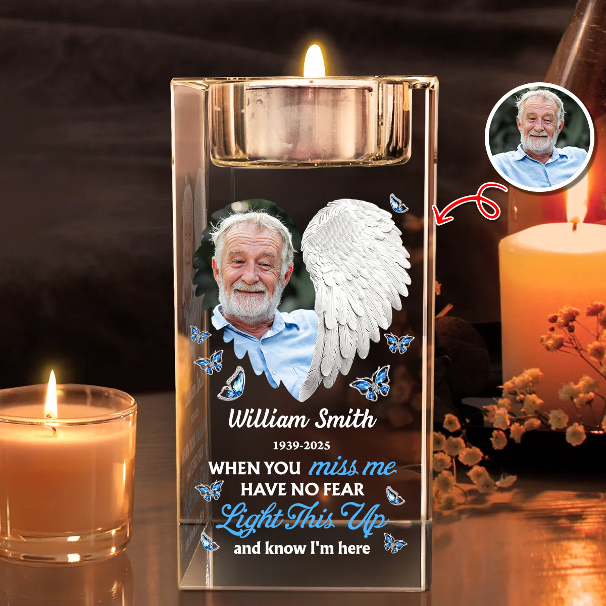 In Loving Memory Wings Blessing Memorial - Personalized Crystal Candle Holder