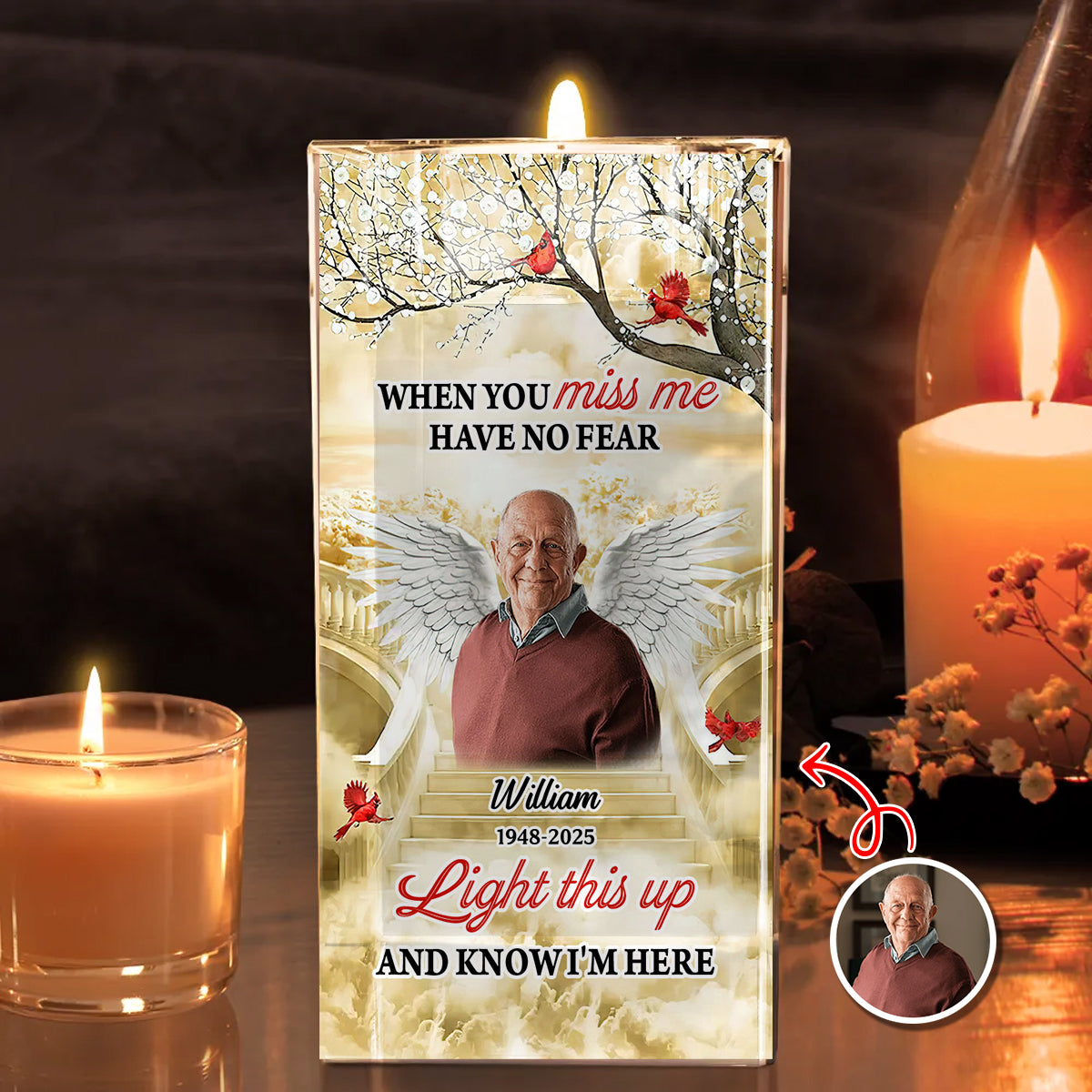 Memorial Upload Photo Wings Heaven - Personalized Crystal Candle Holder