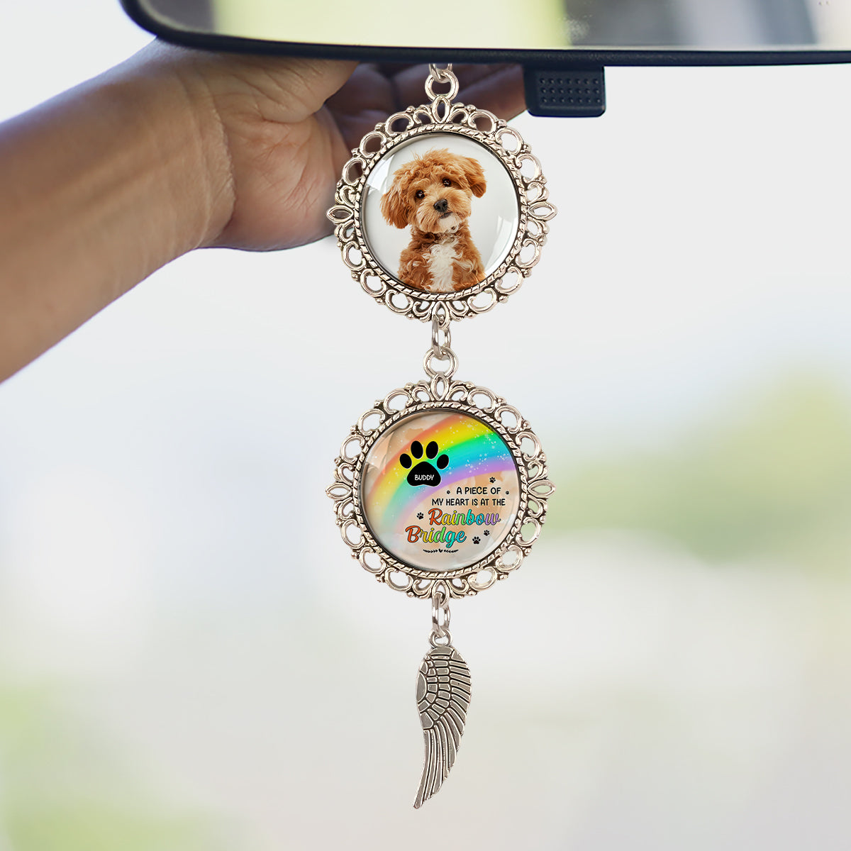 My Favorite Hello Rainbow - Personalized Photo Car Ornament With Charm