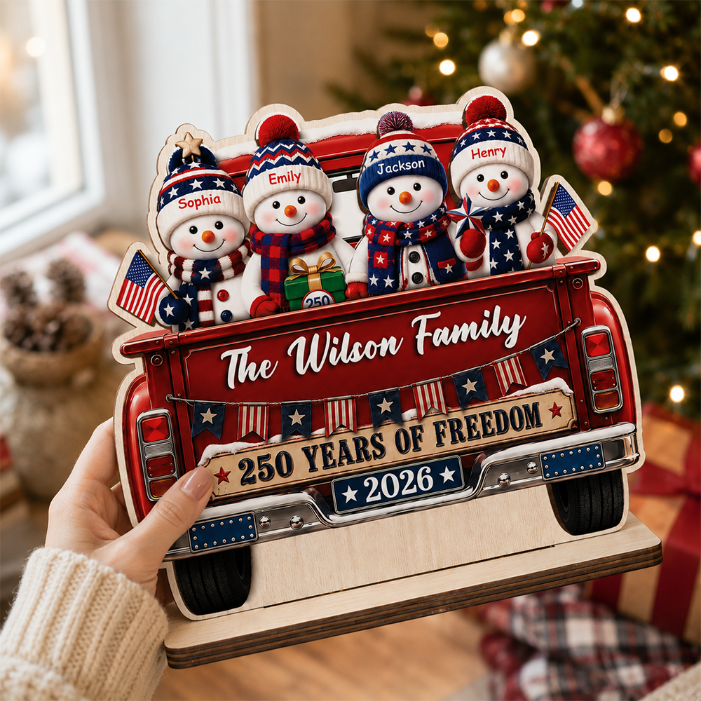 250 Years of Freedom Snowman Family - Personalized 2-Layer Wood Plaque With Flat Base