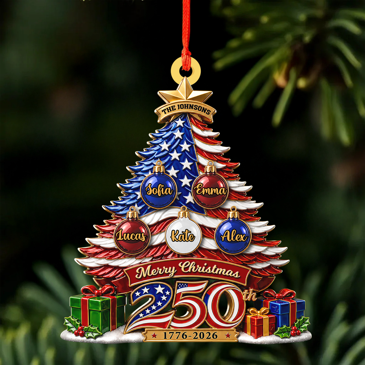 Our Patriotic Family Christmas Custom Names - Real 3D Relief Ornament 2