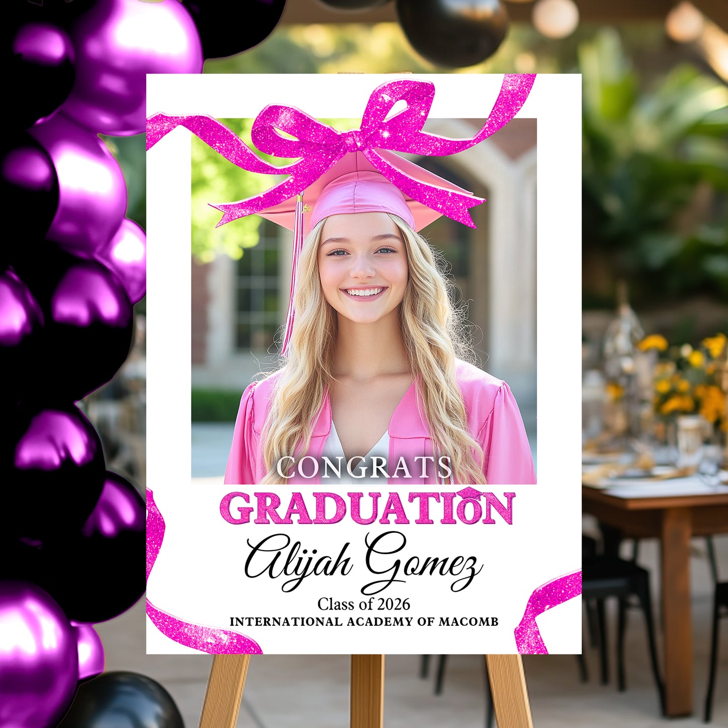 Congrats Graduation Glitter Bow - Personalized Graduation Welcome Sign - Custom Photo Welcome Sign