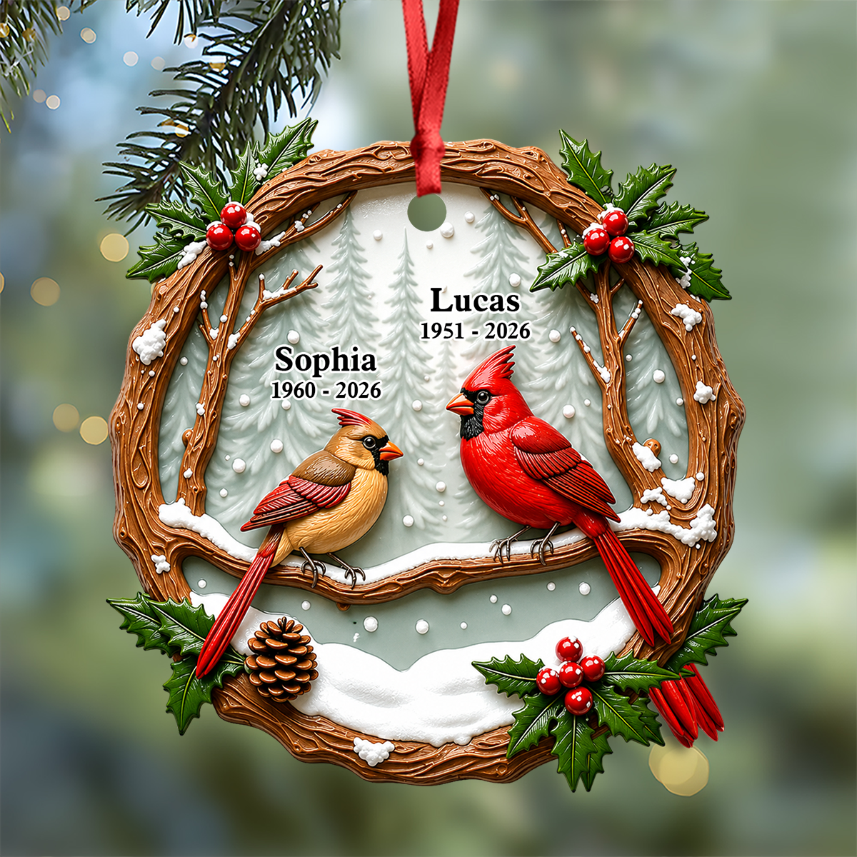 Cardinals Dad Mom Memorial Berry - Real 3D Relief Ornament 2