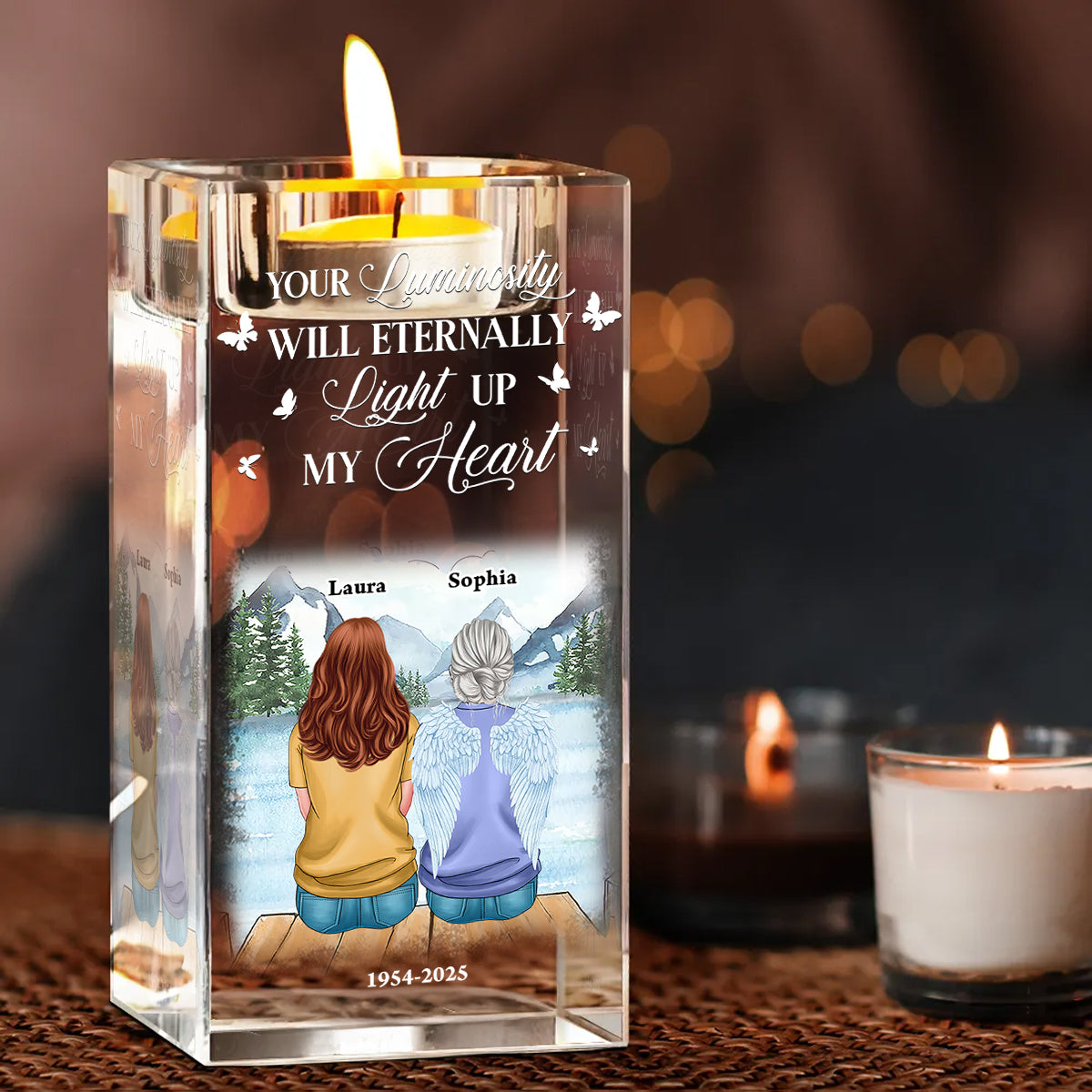 Custom Photo Blessing Family Memorial - Personalized Crystal Candle Holder