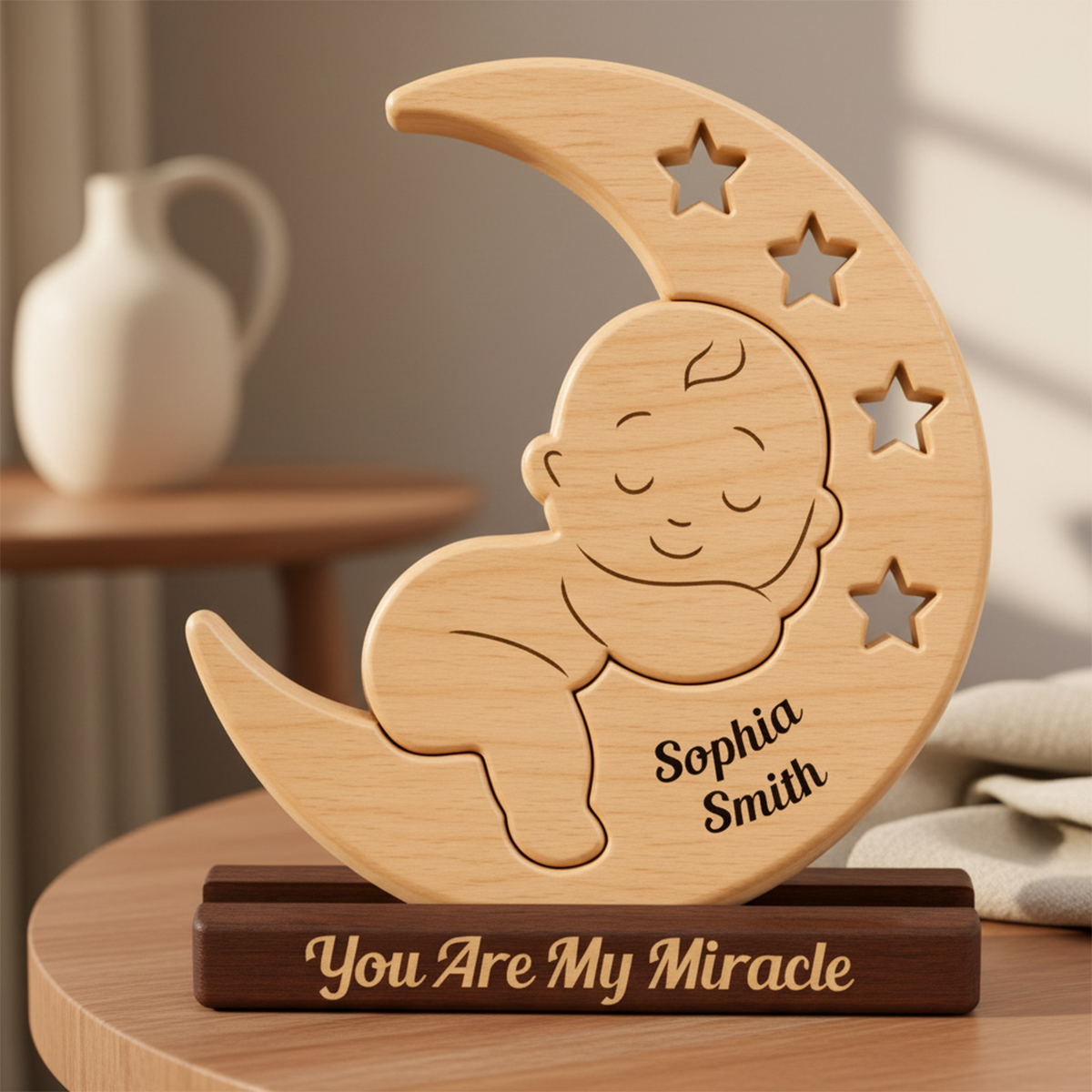 Personalized Baby New Born Moon Our Little Baby Puzzle - Custom Premium Wooden Name Puzzle - Christmas Gifts - New Mom New Dad