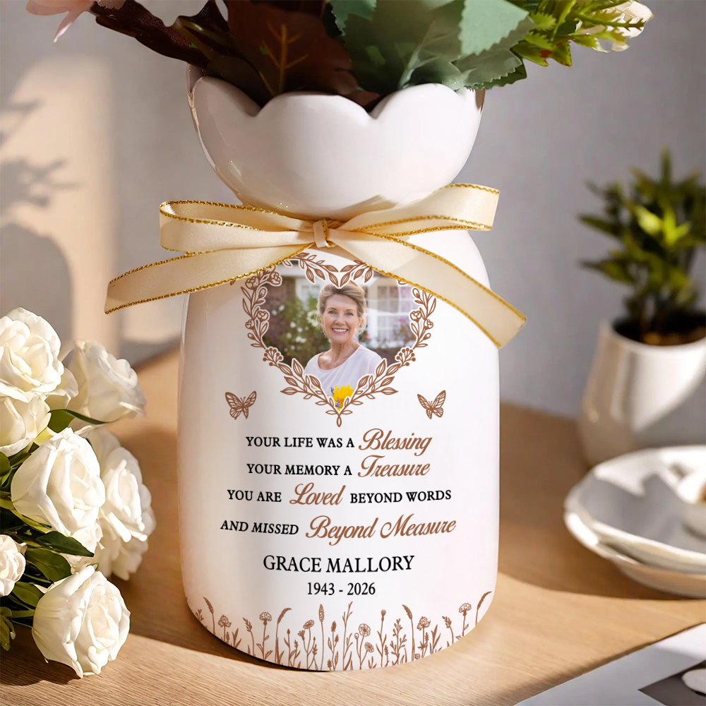 In Loving Memory Heart Photo - Personalized Custom Ribbon Tie Flower Vase