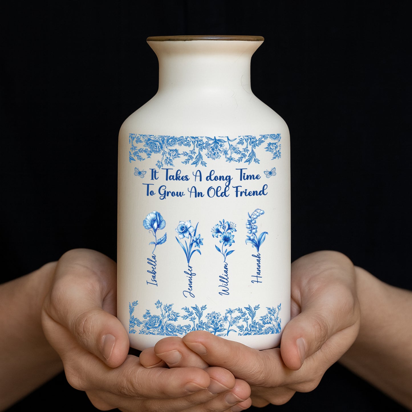 Bestie Flowers Toile De Jouy Style - Elegant White Ceramic Flower Vase Minimalist
