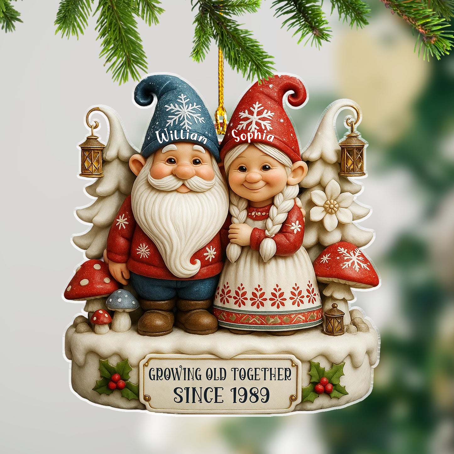 Personalized 3D Gnome Couple Ornament, a unique acrylic Christmas decoration.