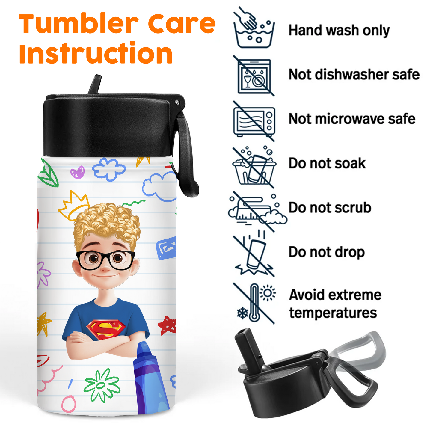 Bottle Kids Cups With Name Drawing - Back to School Water Bottle With Straw Lid - 12 oz Stainless Steel