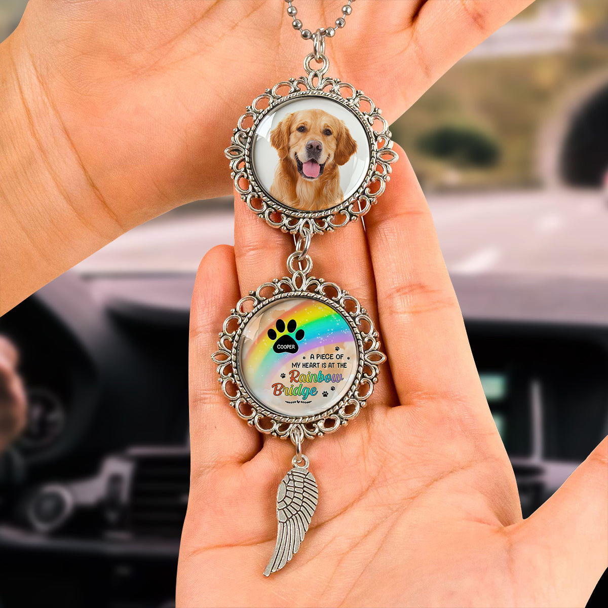 My Favorite Hello Rainbow - Personalized Photo Car Ornament With Charm