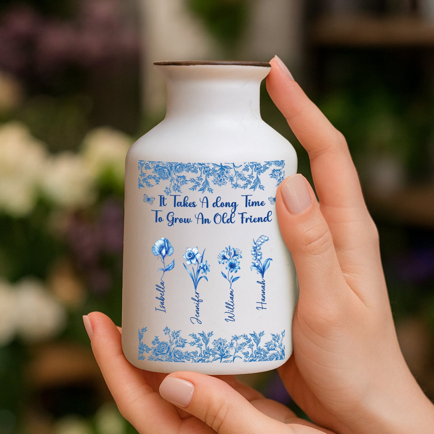 Bestie Flowers Toile De Jouy Style - Elegant White Ceramic Flower Vase Minimalist
