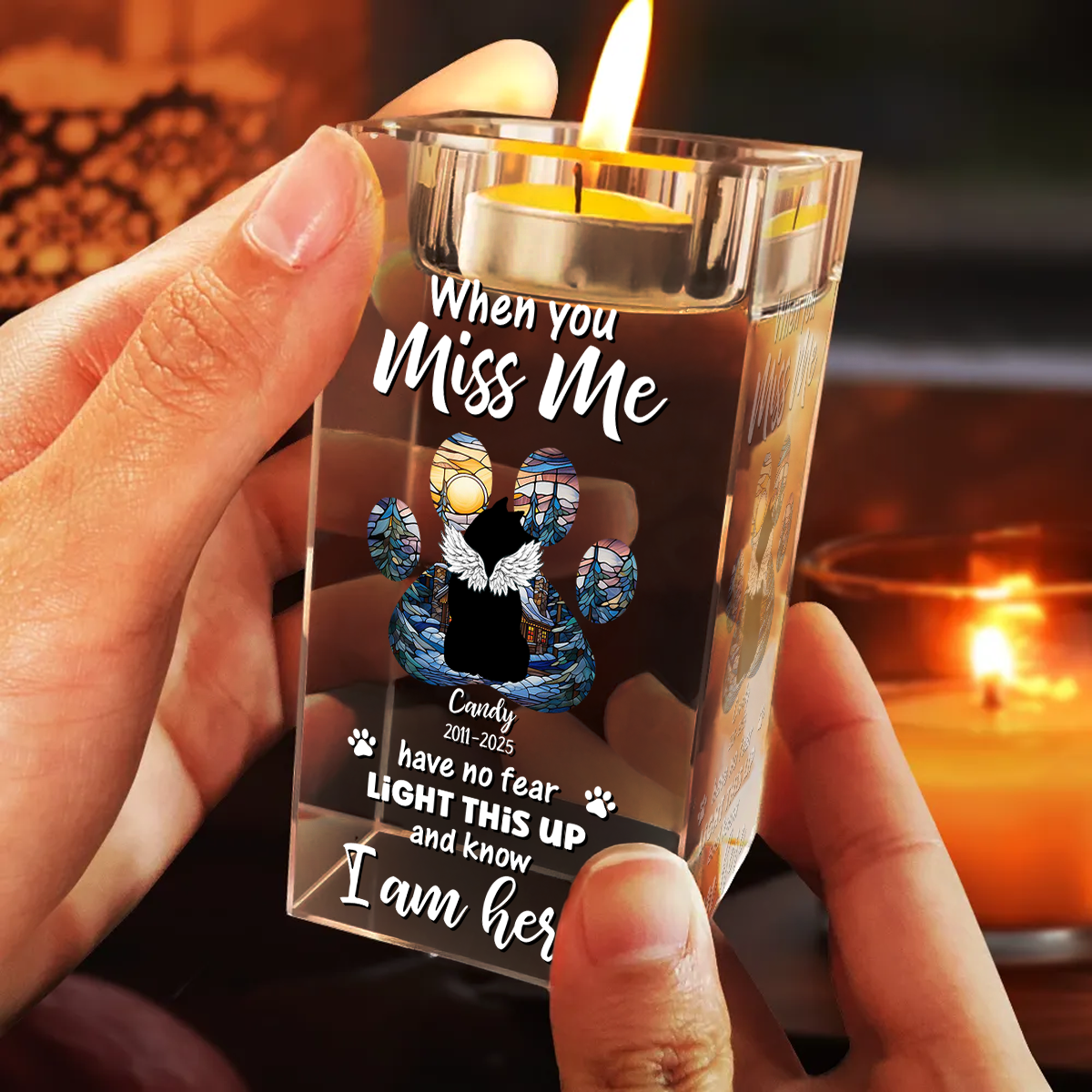 Christmas Memorial Dog Loss Pet Paw - Personalized Crystal Candle Holder