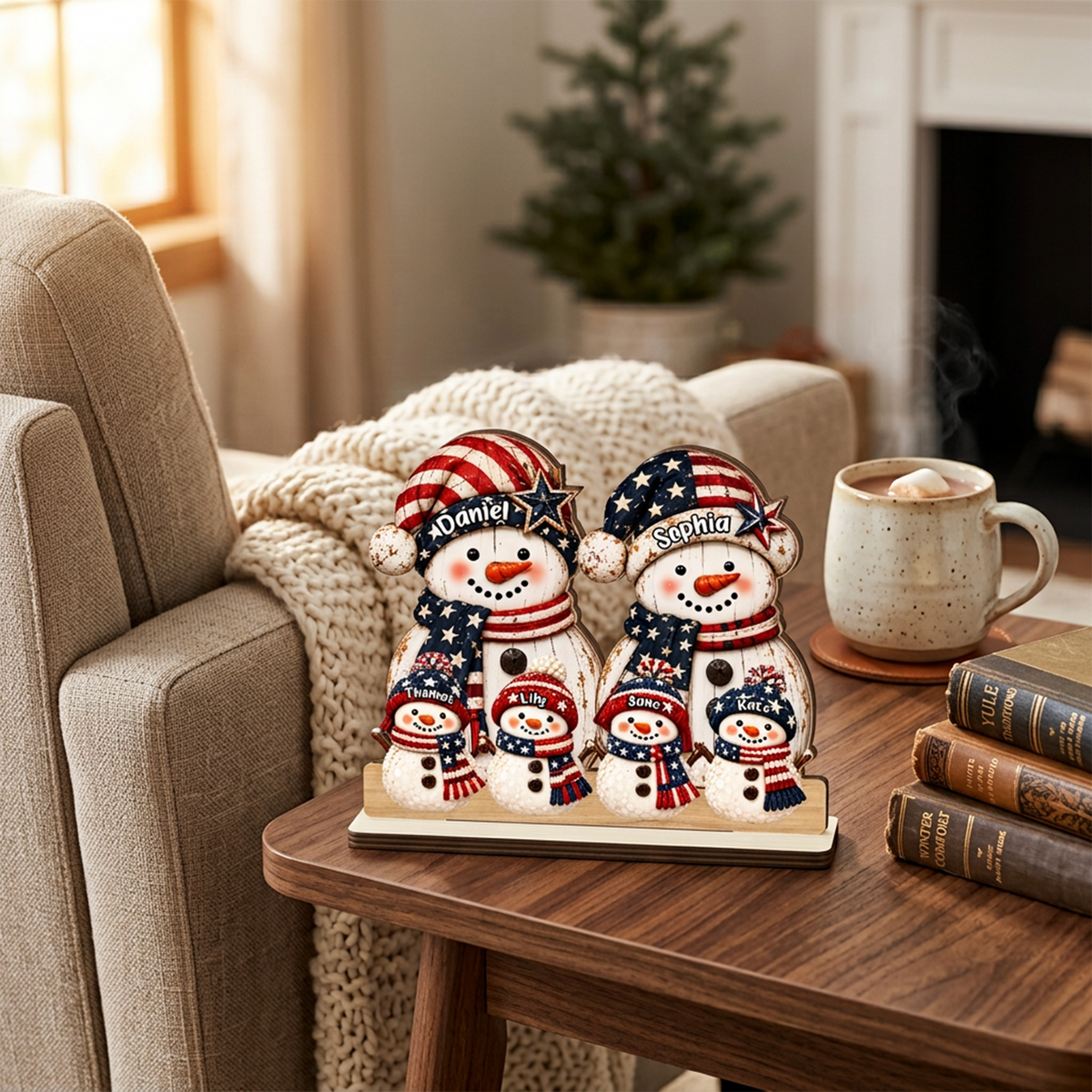 Christmas Family Snowman - Personalized 2-Layer Wood Plaque With Flat Base