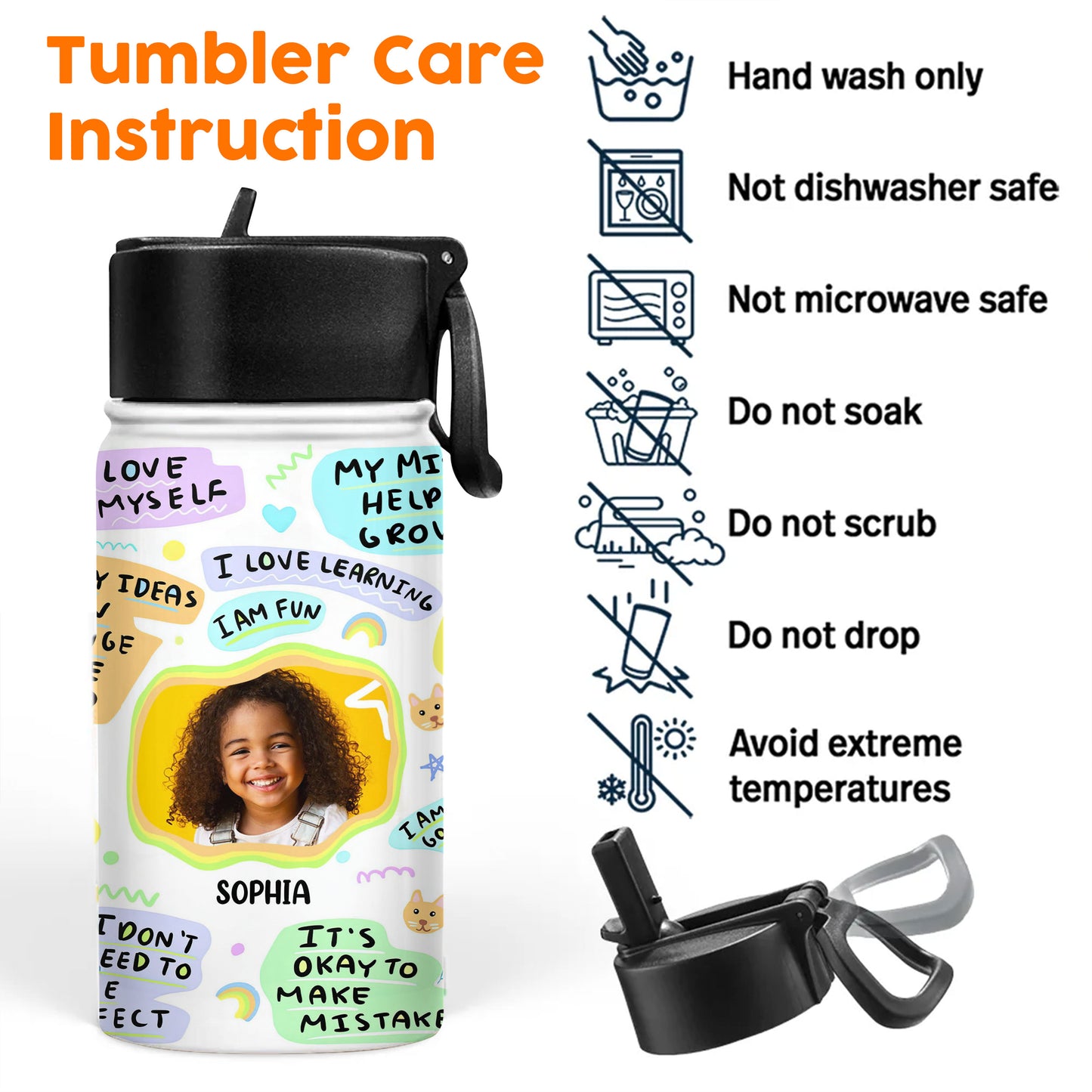 Kid Daily Affirmations - Back to School Water Bottle With Straw Lid - 12 oz Stainless Steel