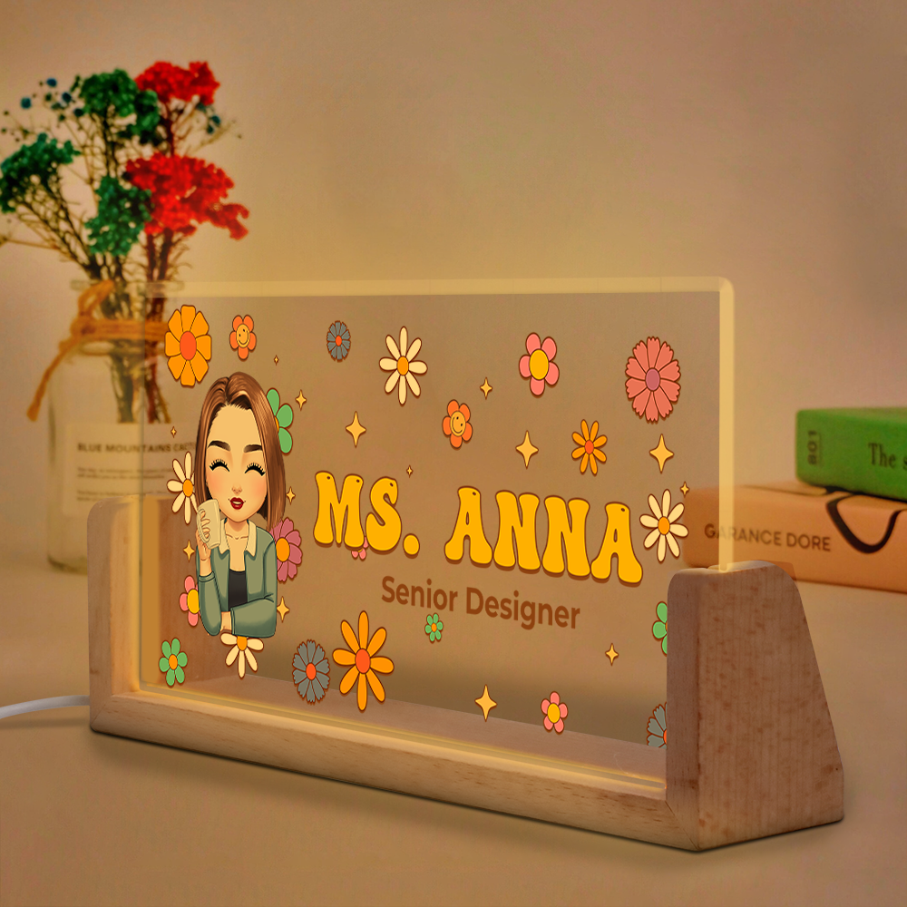 Flowers Teacher Name - Personalized Teacher Name Sign for Desk - Desk Name Plate Night Light