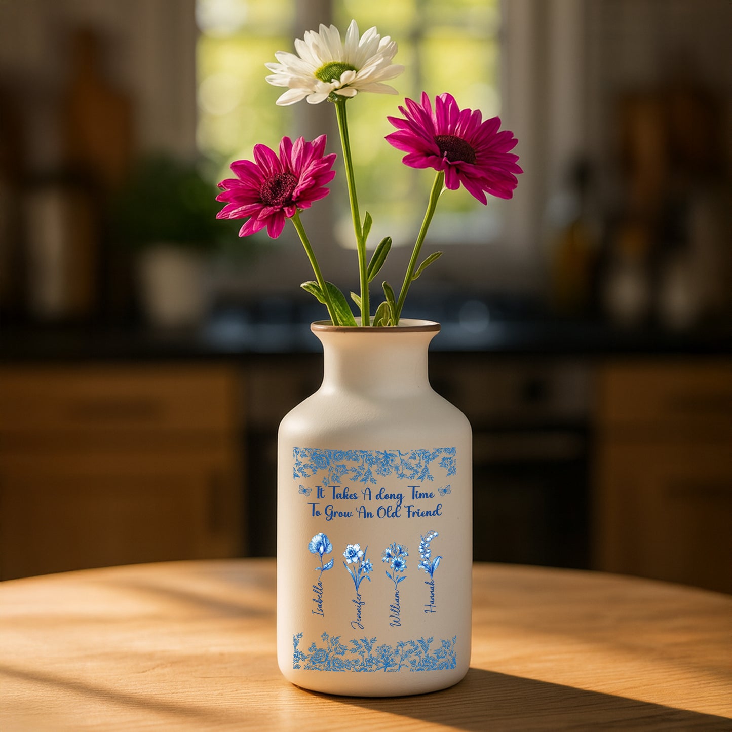 Bestie Flowers Toile De Jouy Style - Elegant White Ceramic Flower Vase Minimalist