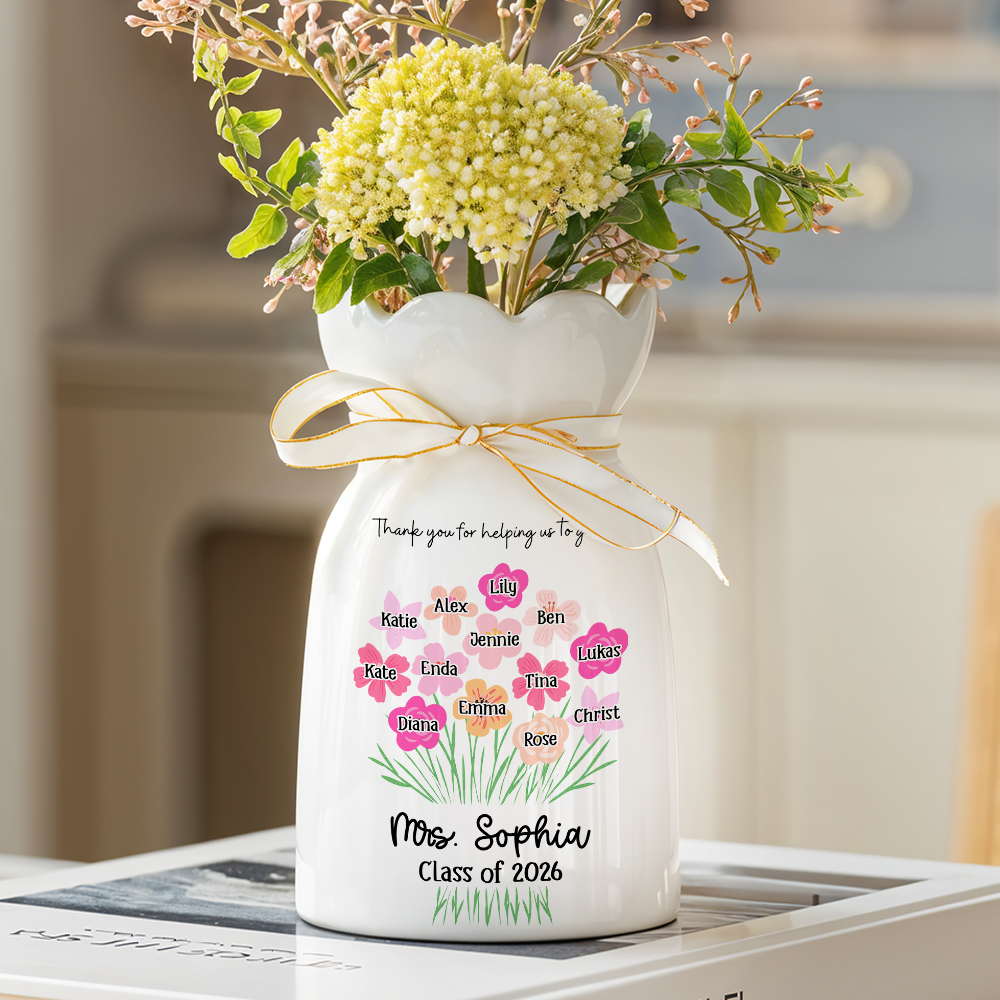 Personalized Teacher Gift - Thank You for Helping Us Grow- Personalized Custom Ribbon Tie Flower Vase