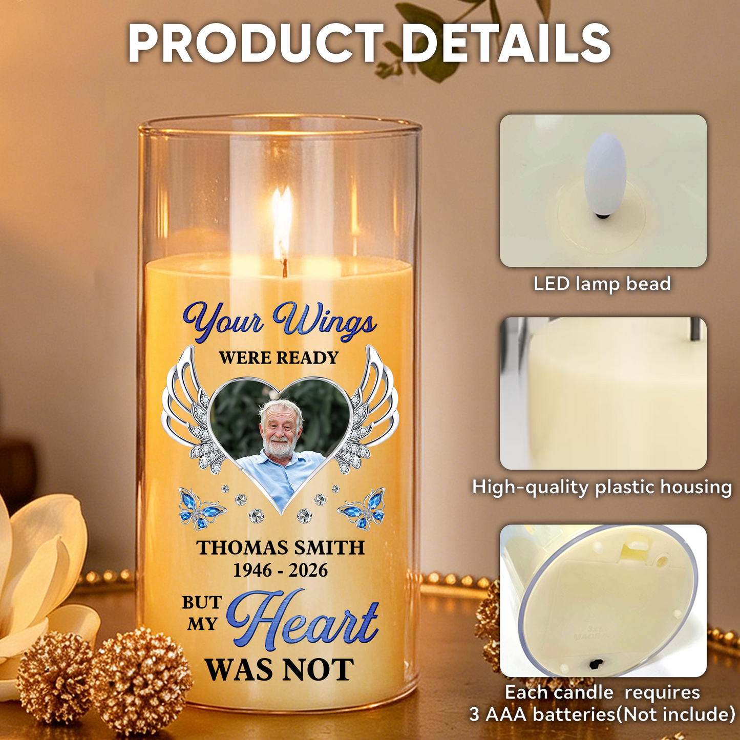 Your Wings Were Ready But My Heart Was Not Memorial Candle - Personalized Flameless LED Candle