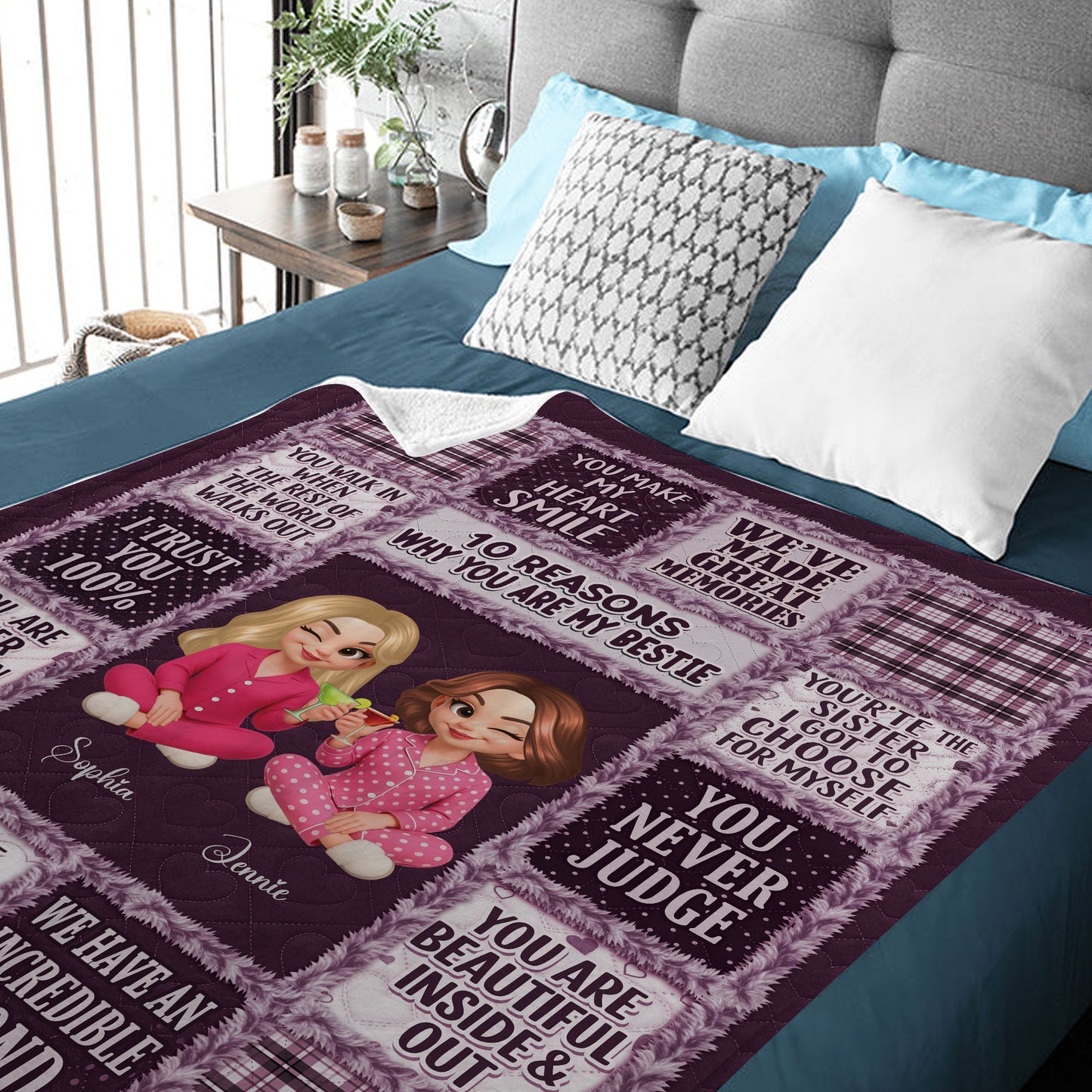 Personalized "10 Reasons Why You Are My Bestie" custom blanket with a big heart design.