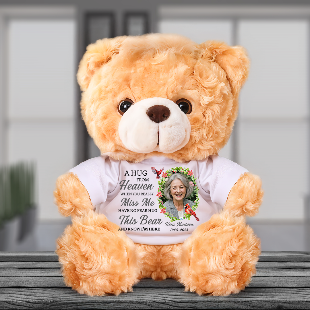Personalized memorial teddy bear plush with "A Hug From Heaven" message.