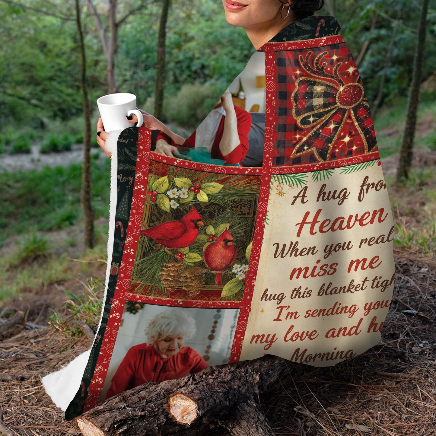 Personalized "Hug From Heaven" Christmas Memorial Blanket with Cross design.