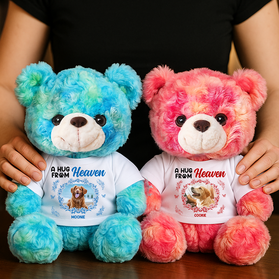 Personalized "A Hug From Heaven" teddy bear plush with custom flower detail.