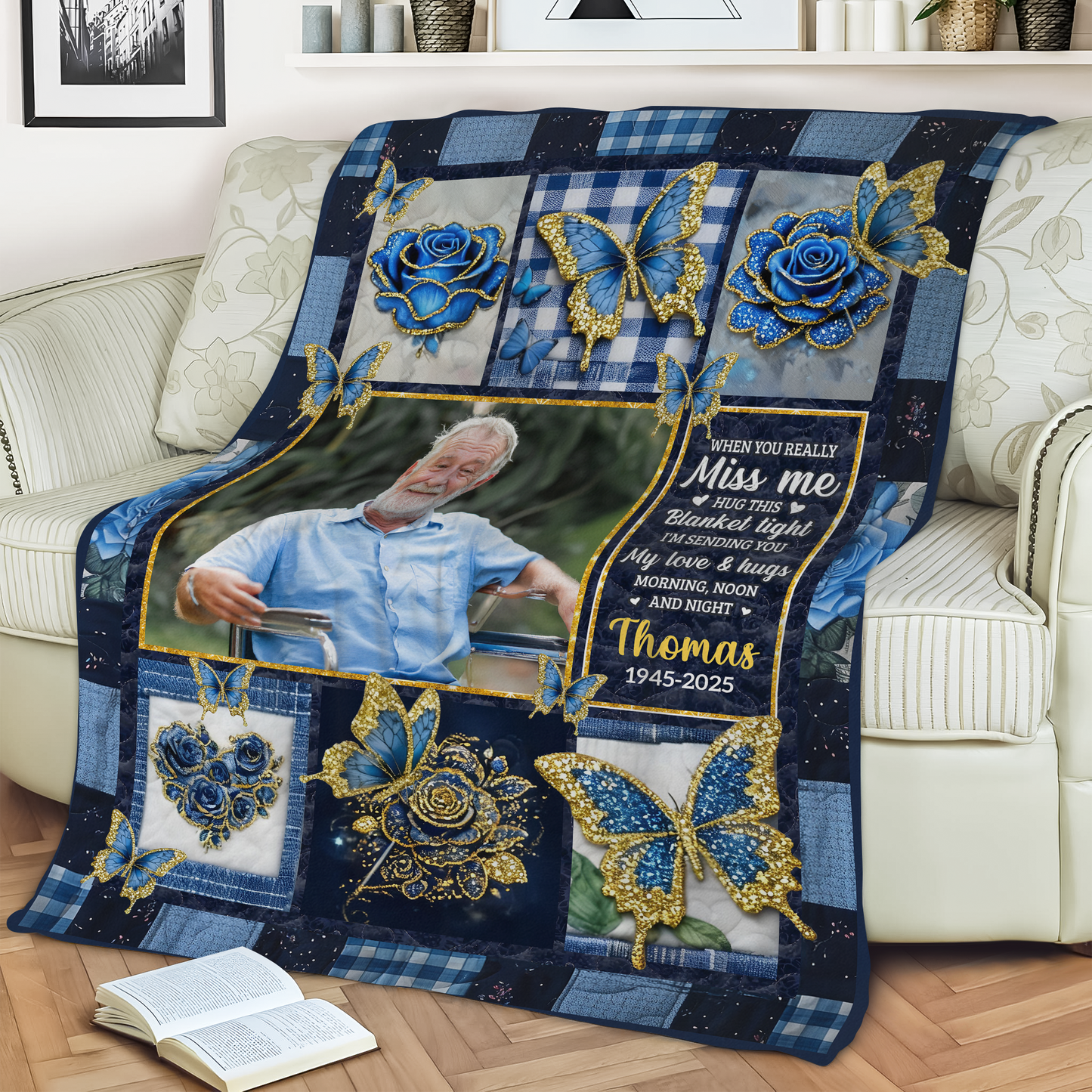 A Hug From Heaven Memorial Blanket with golden flowers, a personalized comforting keepsake.
