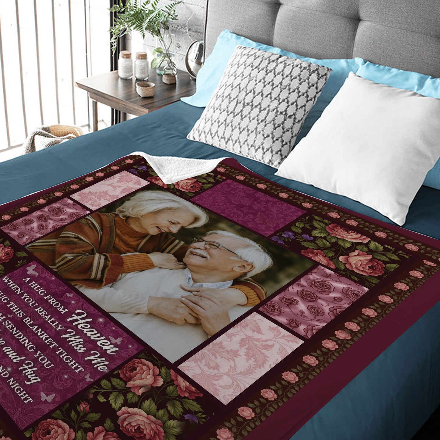 Personalized memorial blanket with "A Hug From Heaven" design; comforting sympathy gift.