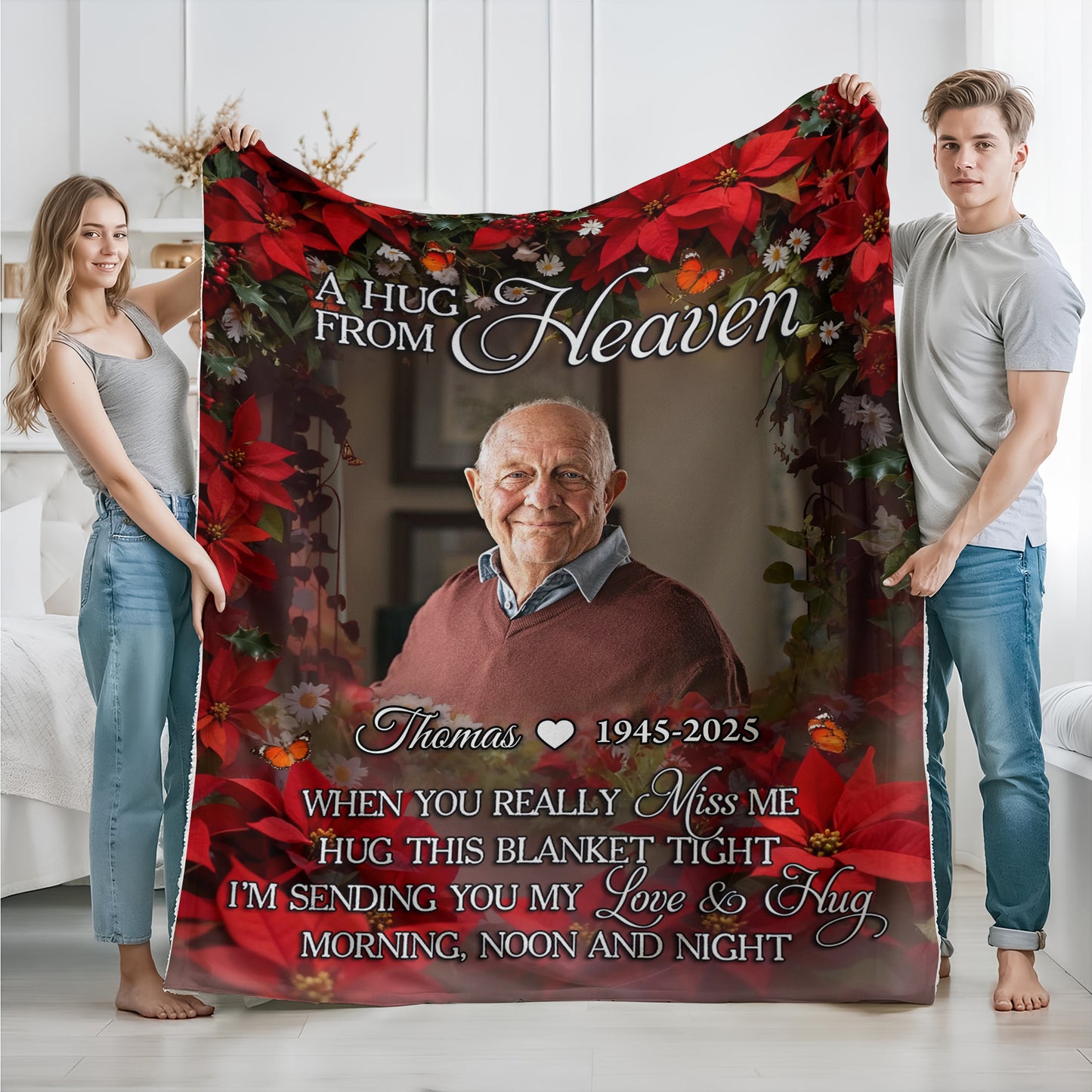 A Hug From Heaven memorial blanket with a wreath and personalized text.
