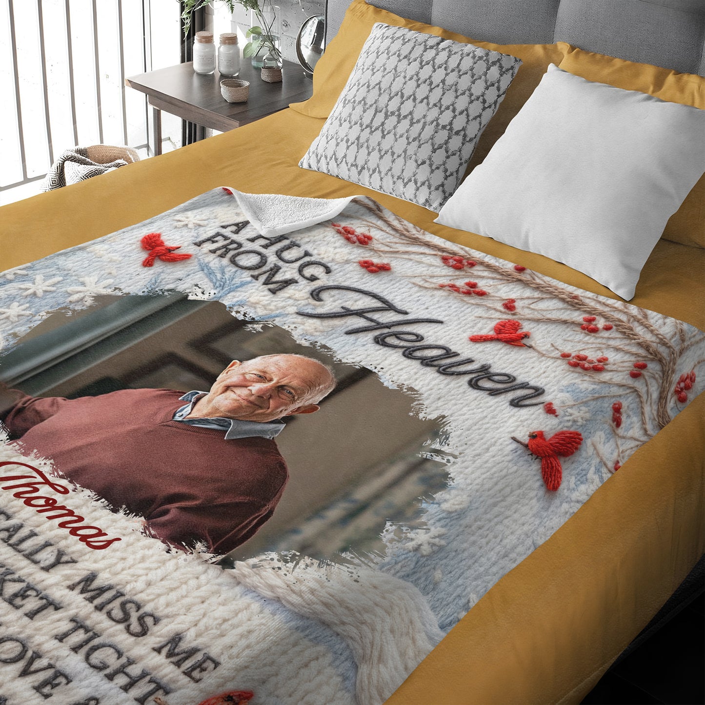 A Hug From Heaven Personalized Memorial Blanket, a comforting yarn blanket to remember loved ones.