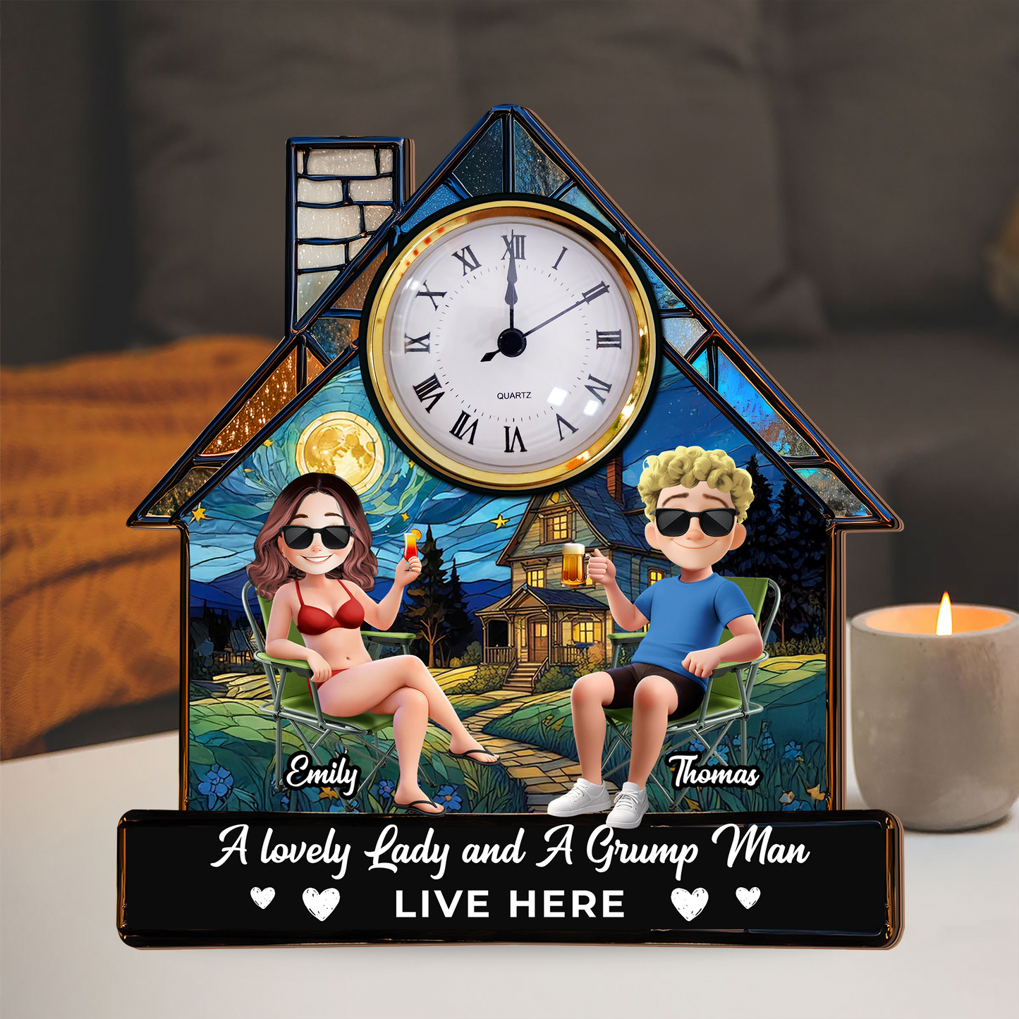 A Lovely Lady and a Grumpy Man personalized desk clock plaque gift.