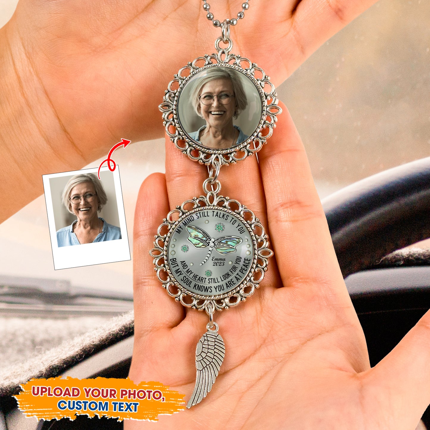 Dragonfly My Mind My Heart My Soul - Personalized Photo Car Ornament With Charm